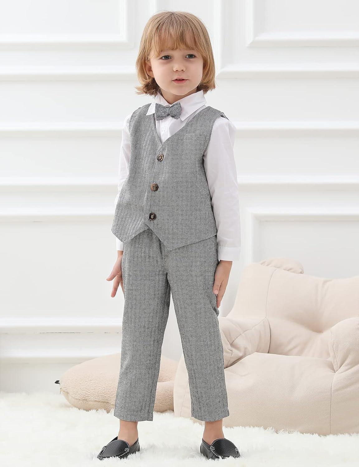 Armani Junior Logo Front View Of A Boy In Grey Suit Standing With