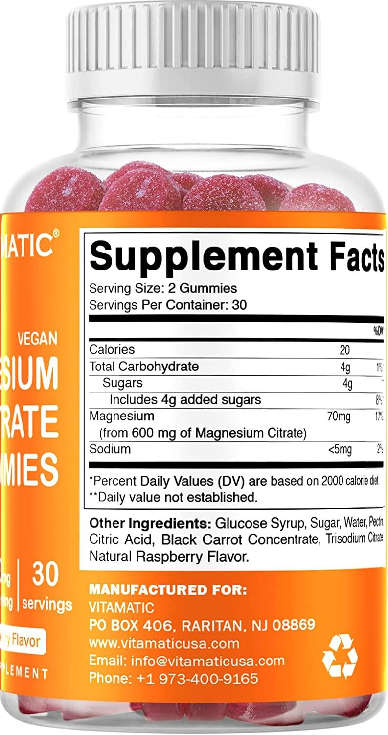 Vitamatic Magnesium Citrate Gummies 600mg per Serving 60 Vegan Gummies Promotes Healthy