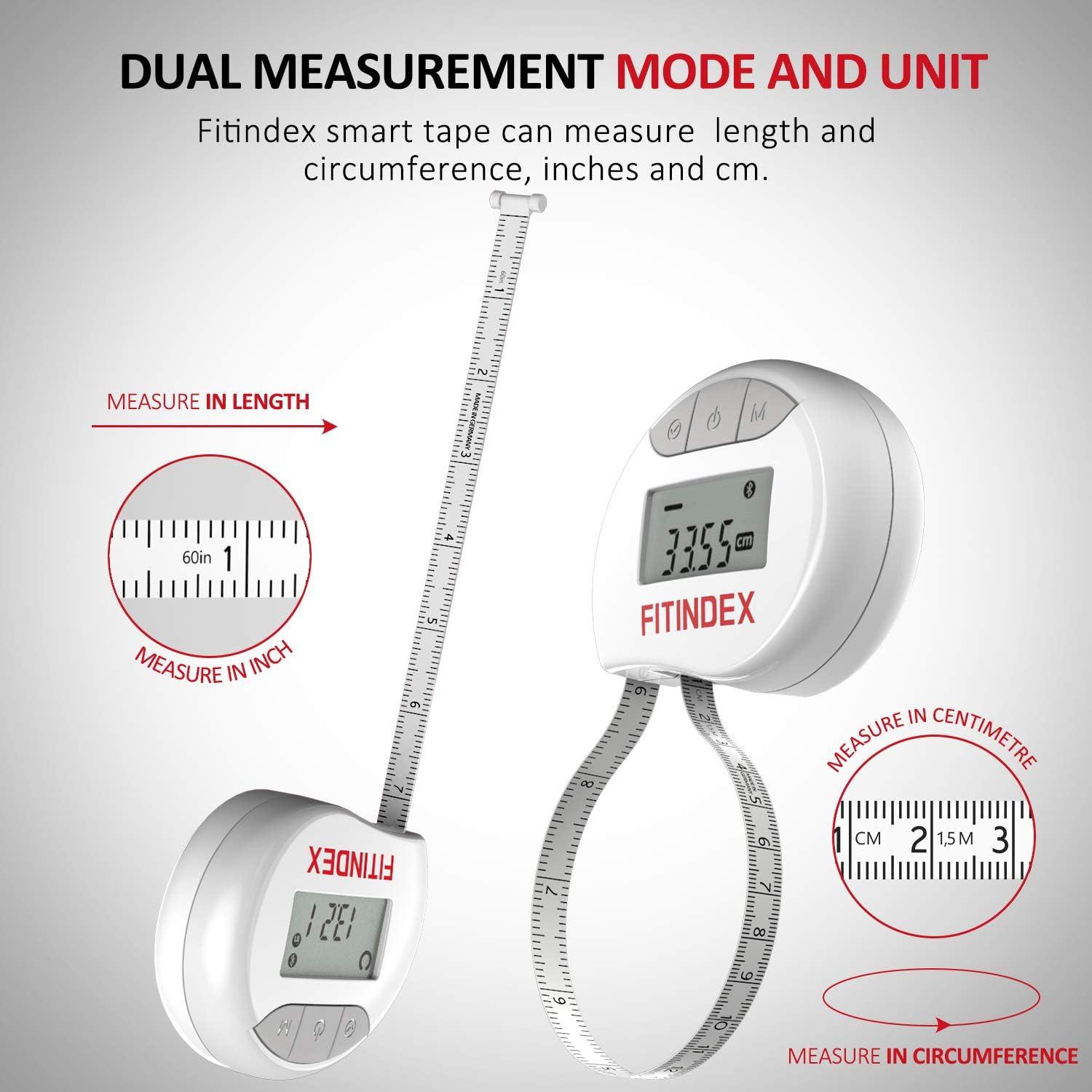 Smart Body Tape Measure, FITINDEX Bluetooth Digital Measuring Tape for Body,  Soft Sewing Tape, with LED Monitor Display, Lock Pin, Retractable Button,  Fitness Body Measurement via App White