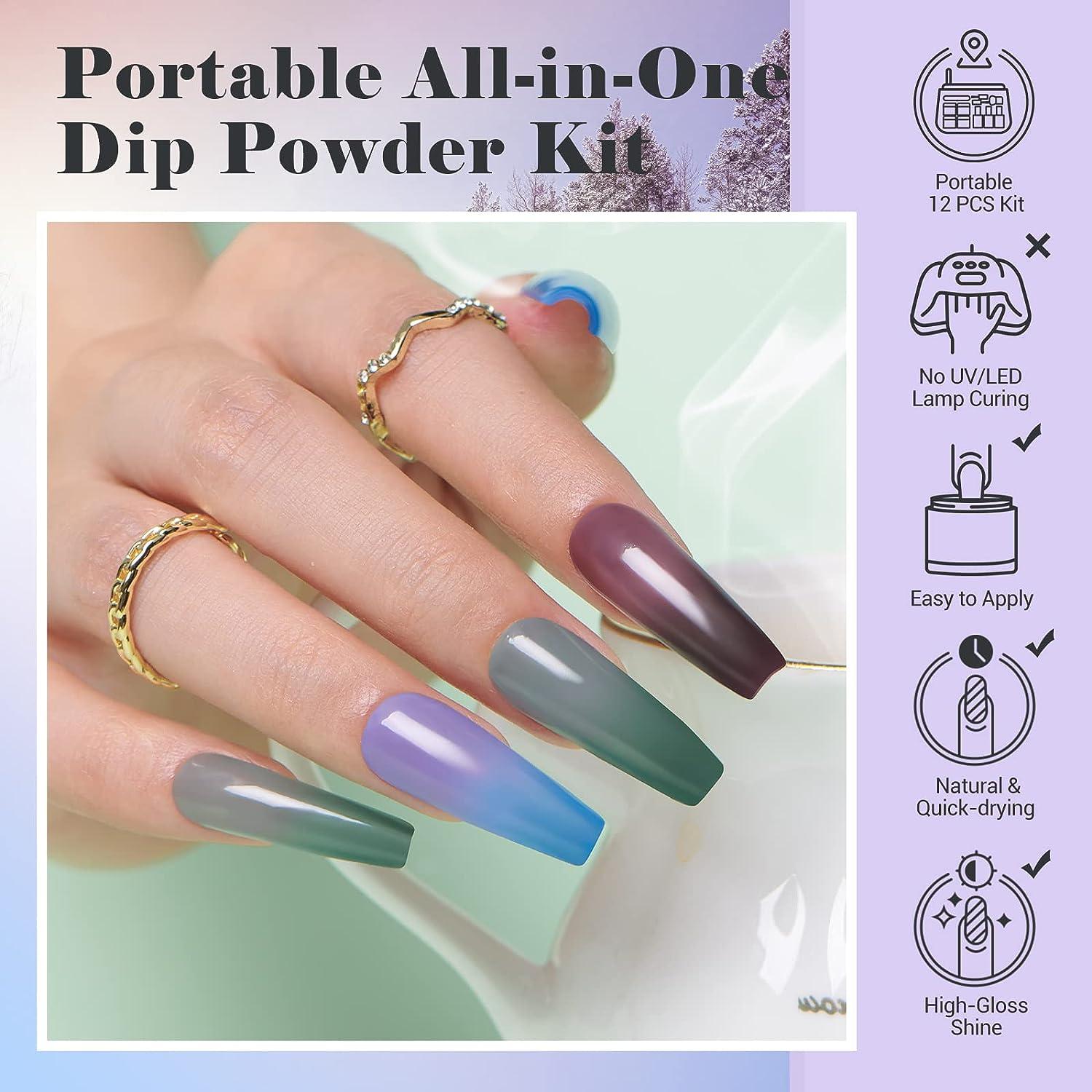 AZUREBEAUTY Color Changing Dip Powder Nail Kit, Winter Dark Blue Green Pink  Grey 4 Colors Dipping Powder Liquid Set with Base Top Coat Activator for