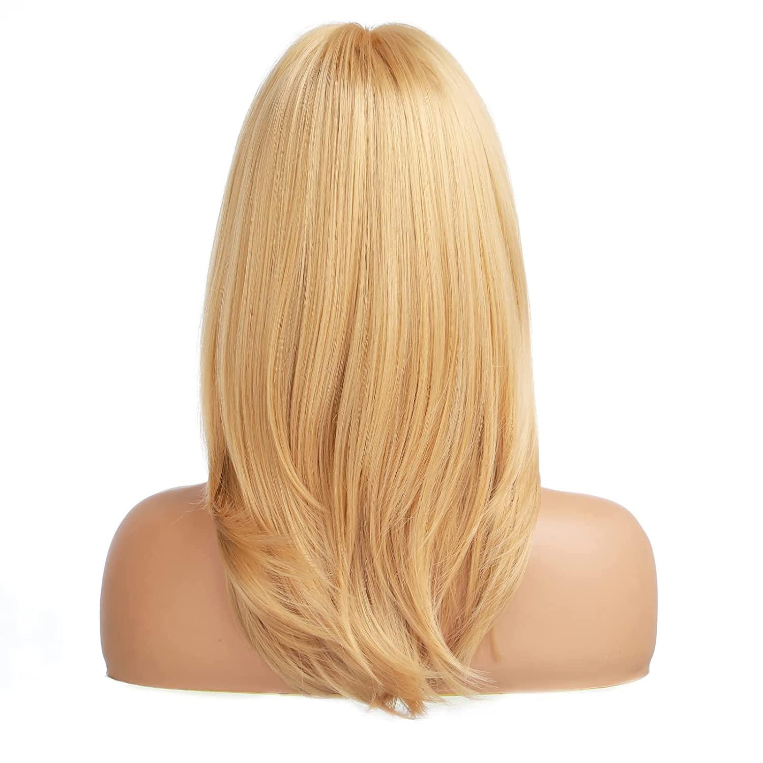 HAIRCUBE Long layered Golden Blonde Wigs for Women, Synthetic Hair Wig with  Bangs for White Women