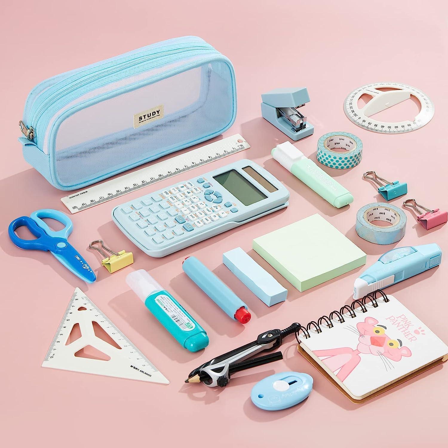 Pennenetui, transparant etui van mesh, 2 vakken, multifunctionele schrijfwaren, make-up, schooltas voor kinderen en volwassenen, lichtblauw 2, 1
