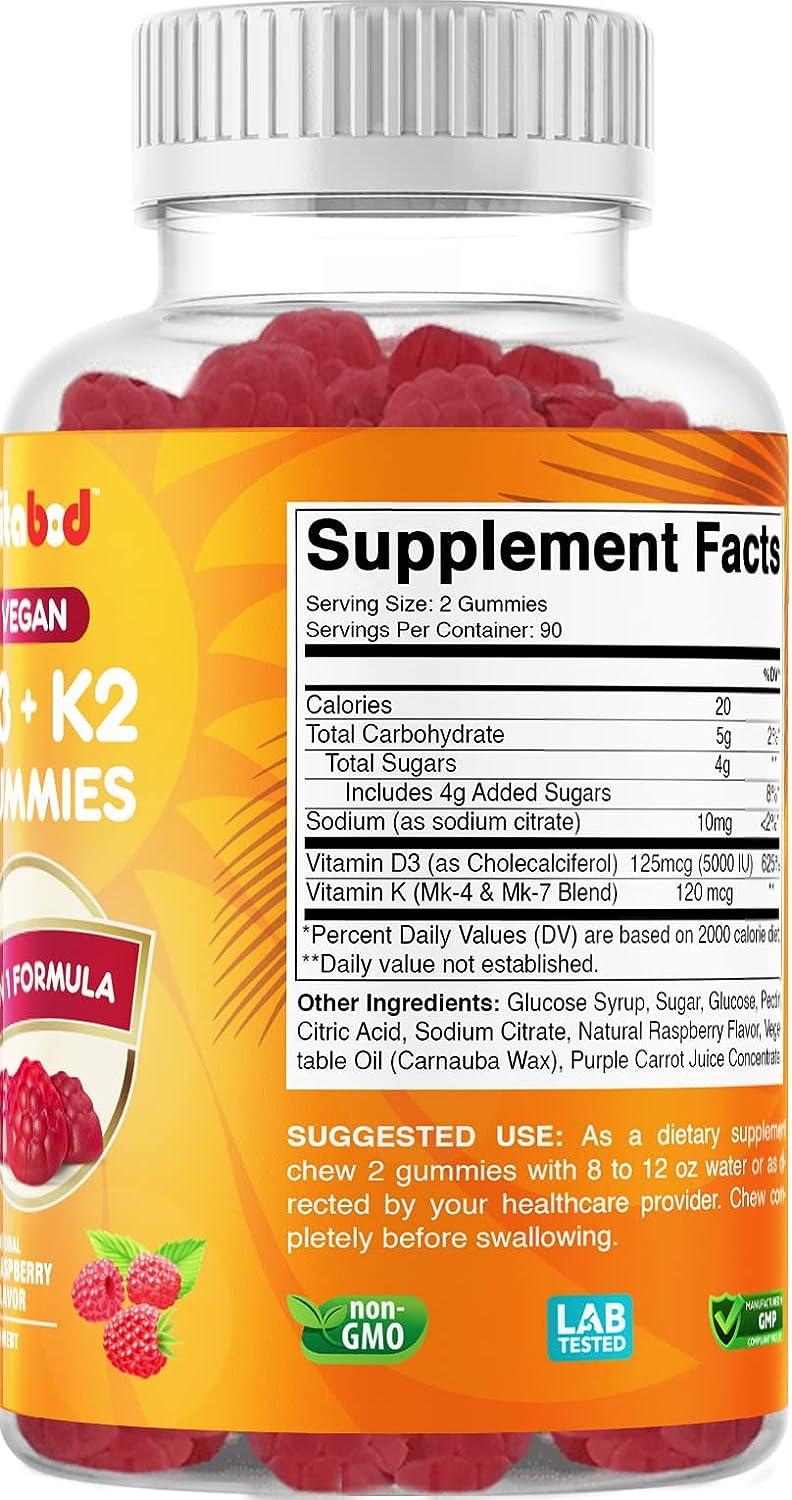 Vitabod Vitamin D3 K2 Gummies Bone & Heart Health 180 Pectin Based