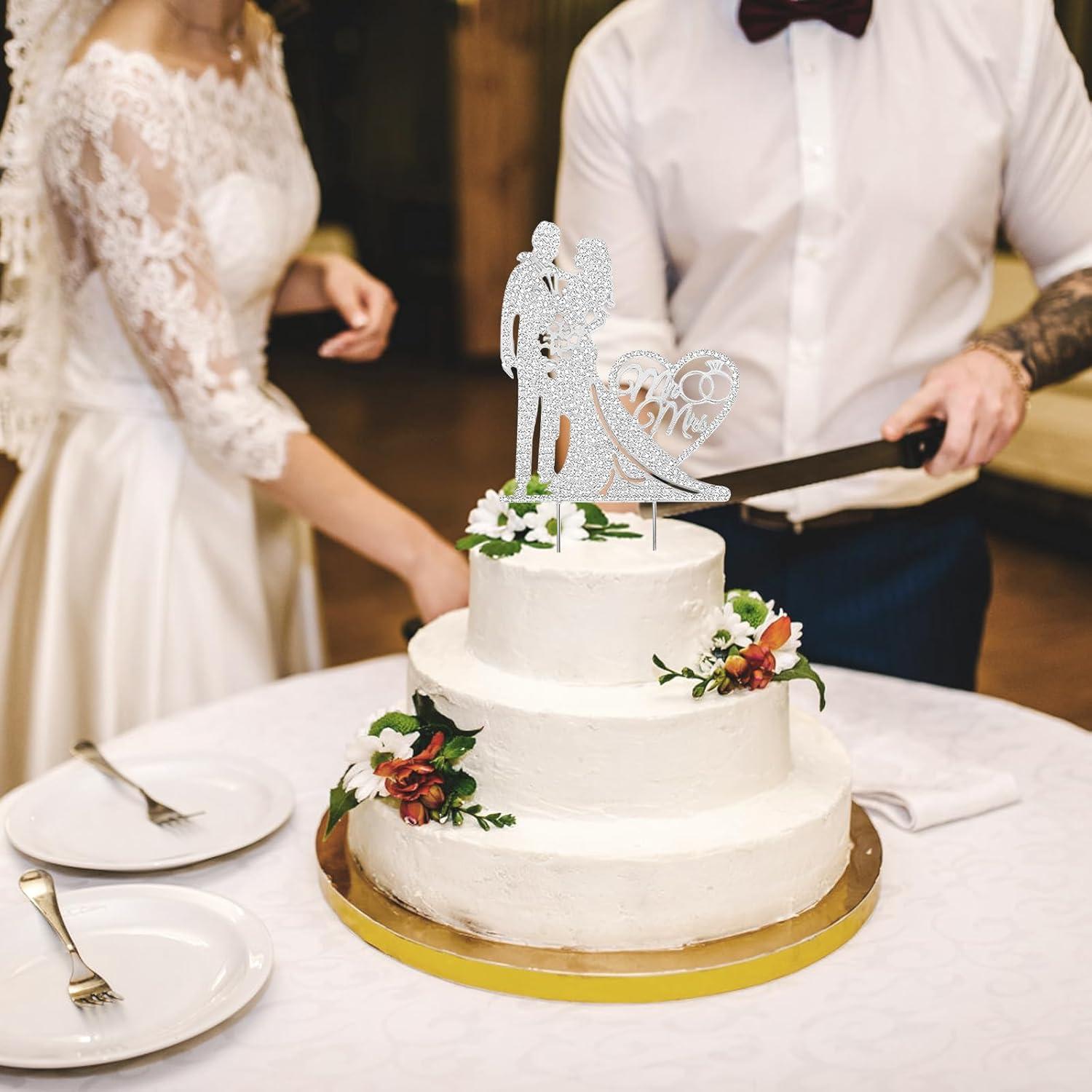 Gyufise Cake Topper Glitter Argento Mr & Mrs Per Torte Nuziali. Decorazione 14x23 Cm In Carta, Perfetta Per Addio Al Nubilato E Matrimoni.