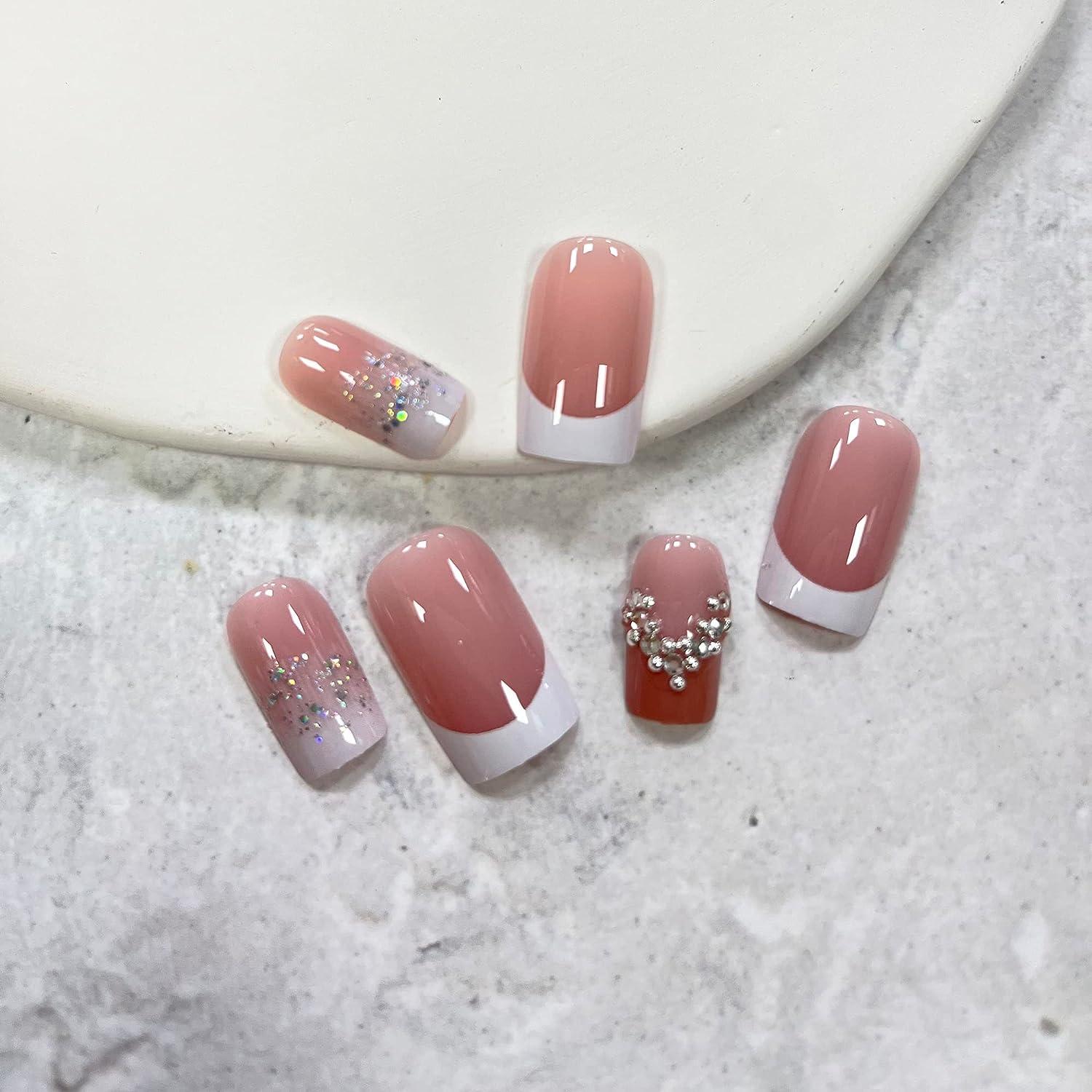 Red French nail handmade gel nail, gem nails, acrylic press on nail, false  nail