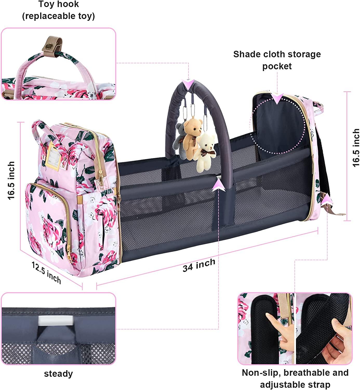 Motababy Floral Diaper Bag Backpack with Changing Station, Detachable  Foldable Baby Bed for Bady Toddler, 3 in 1 Large Capacity Newborn  Essentials Organizer with Stroller Hook for Girls and Boys(Pink)