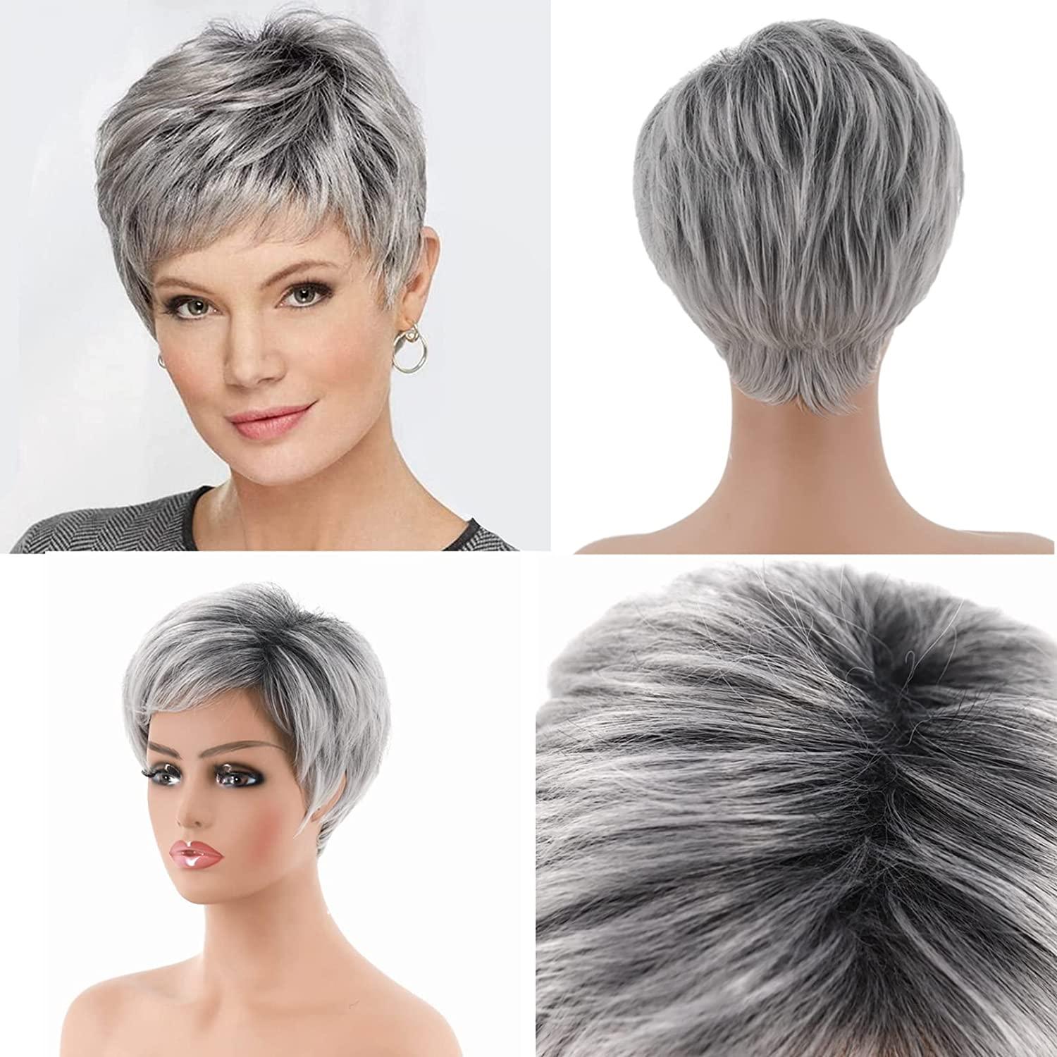 DKE&YMQ Gray Wigs for Women, Temperament, Oblique Bangs, Texture, Fluffy  Short Hair, Black Gradient Silver, Middle-Aged and Elderly Women'S, Natural  Hair for Daily Use, Suitable for Girls and Women