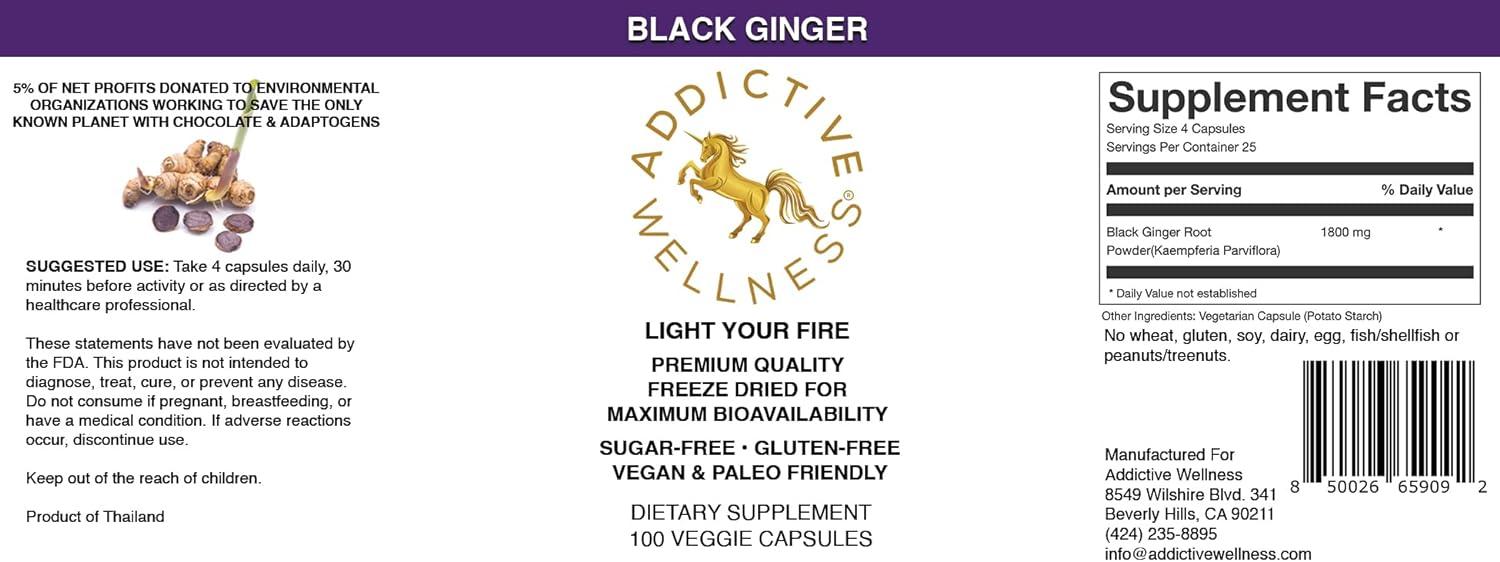 Addictive Wellness Thai Black Ginger Capsules 450mg 100 Count Vegan