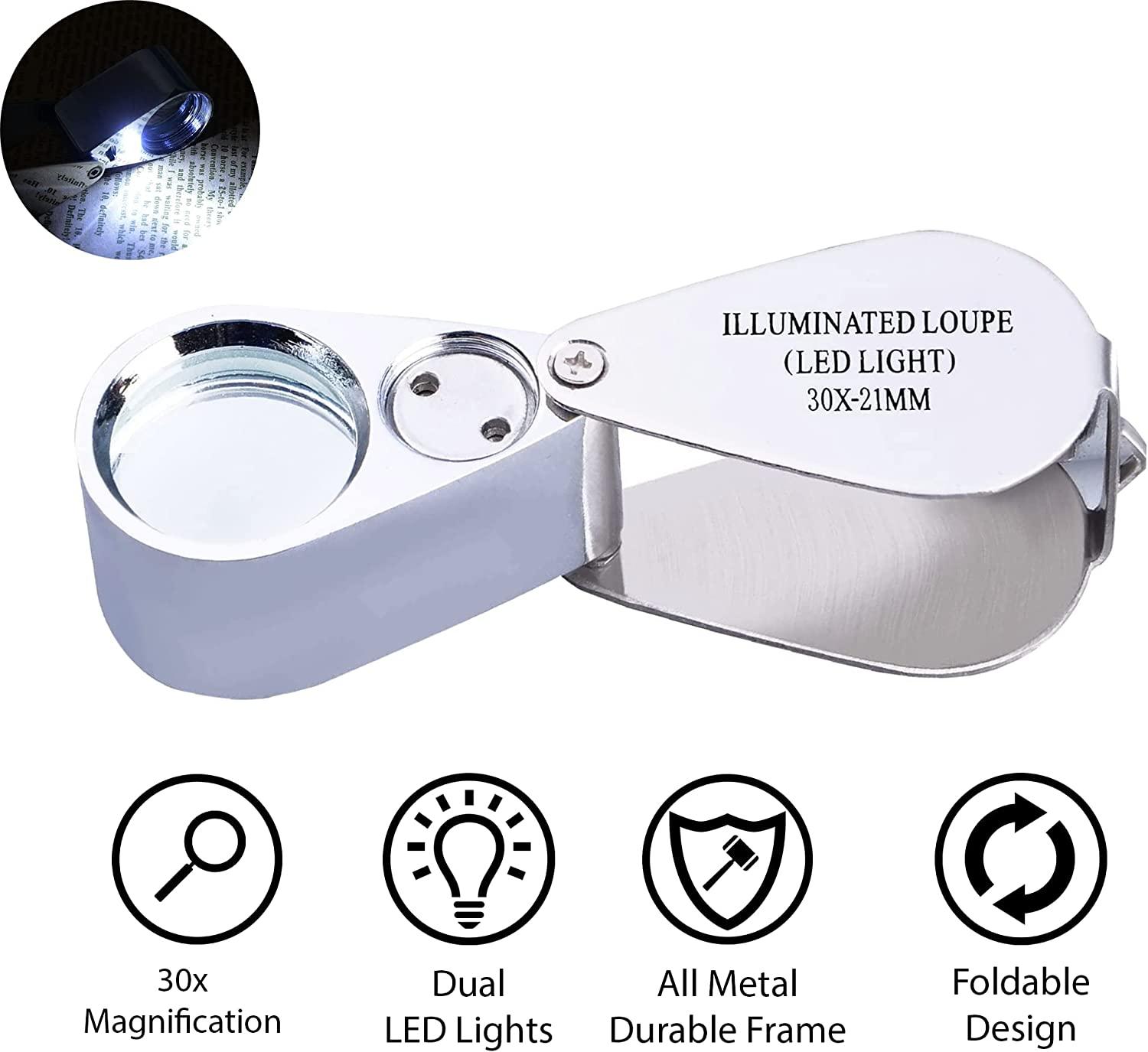Pineapple 30X Jewelers Loupe Magnifier with Light Foldable Pocket  Magnifying Glass Jewelry Eye Loop for Jewelers, Gems, Diamonds, Plants,  Coins (Metal)