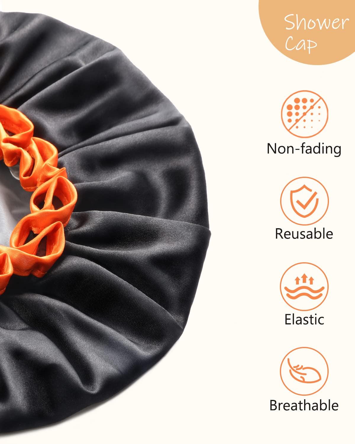 Mikimini Extra Large Black Shower Cap For Women And Men, Reusable Waterproof Bath Cap For Thick Long Hair Braids, Double-Layered XL Hair Hats With