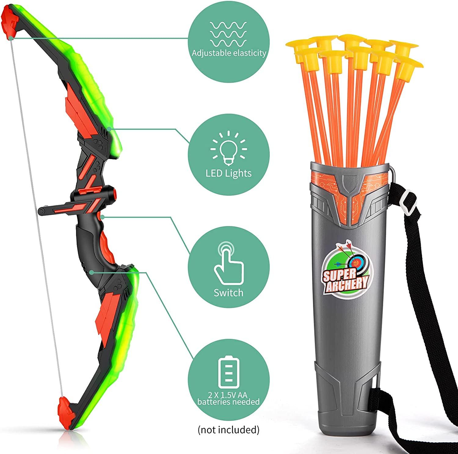 TEMI Kids Bow and Arrow Set with LED Light 10 Suction Cup Arrows