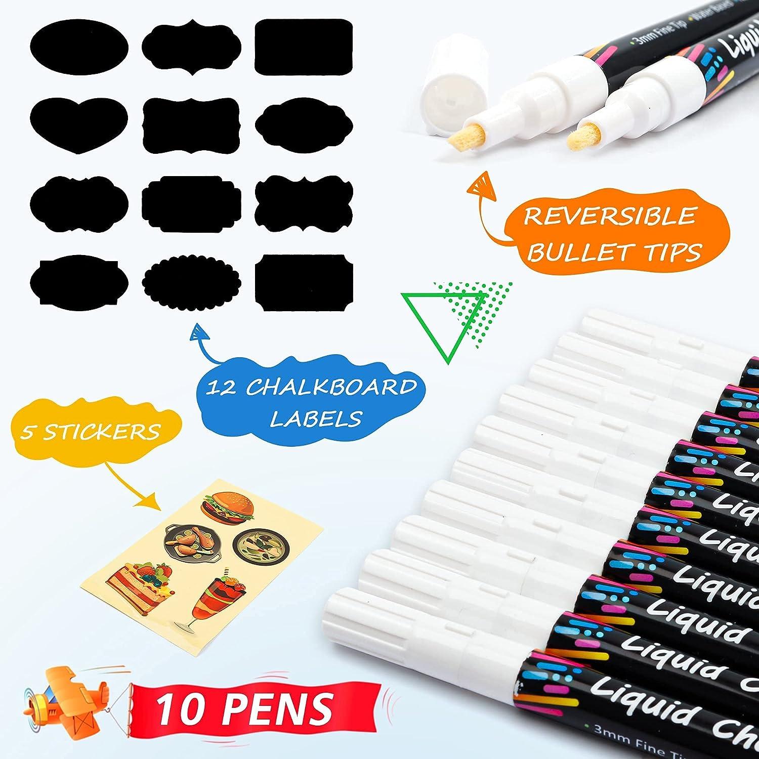 Tebik White Liquid Chalk Markers Set, Pack of 10 White Chalkboard Paint Pens  with 12 Chalkboard Labels, 5 Stickers, Perfect for Chalkboards, Bistro  Boards, Glass and Metal