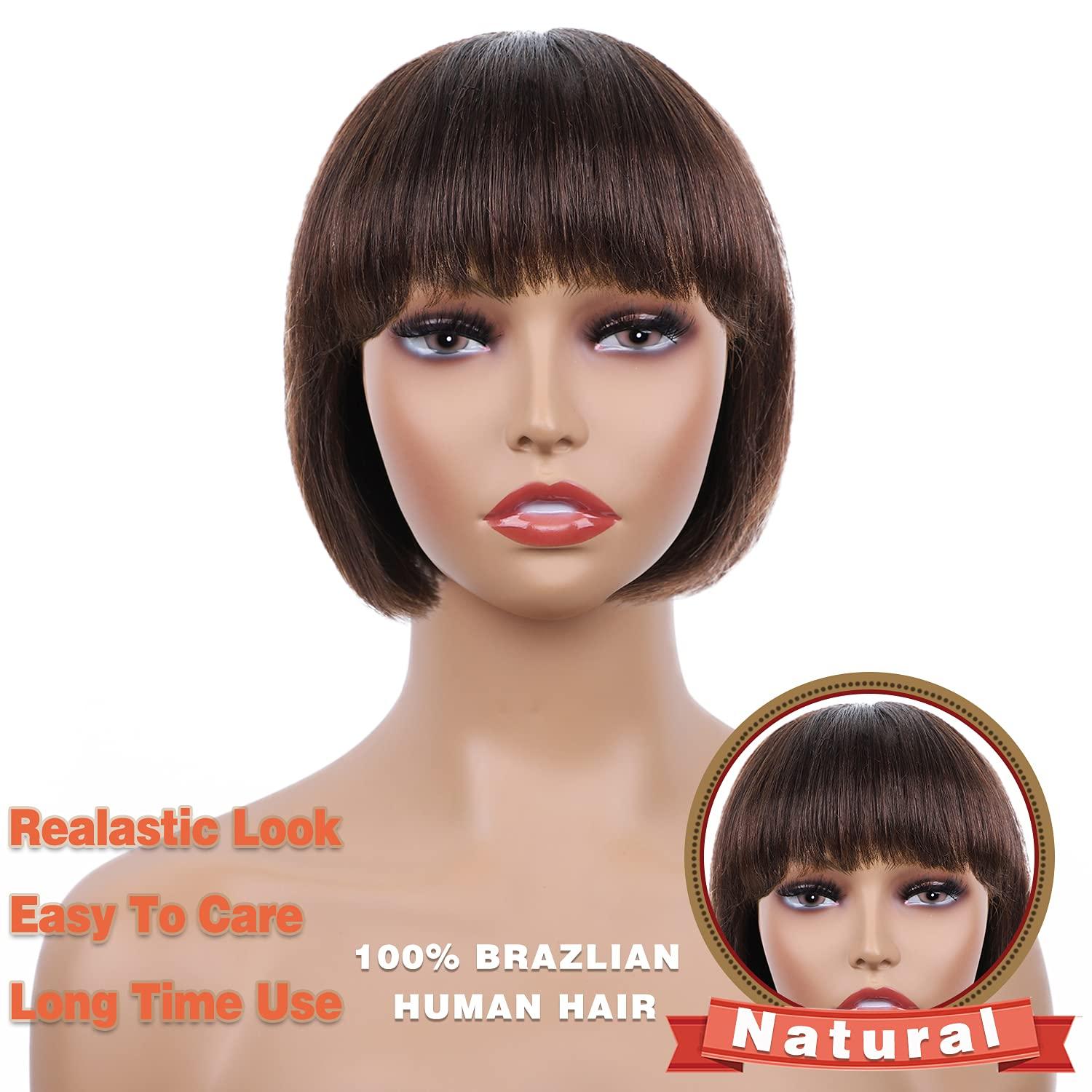 Short Bob Human Hair Wigs - Brazilian Virgin Human Hair Wigs with Bangs  Natural Hairline Short Straight Hair Wig Caps for Black Women (KINKYS  MISSMIZZ) 8 Inch 4
