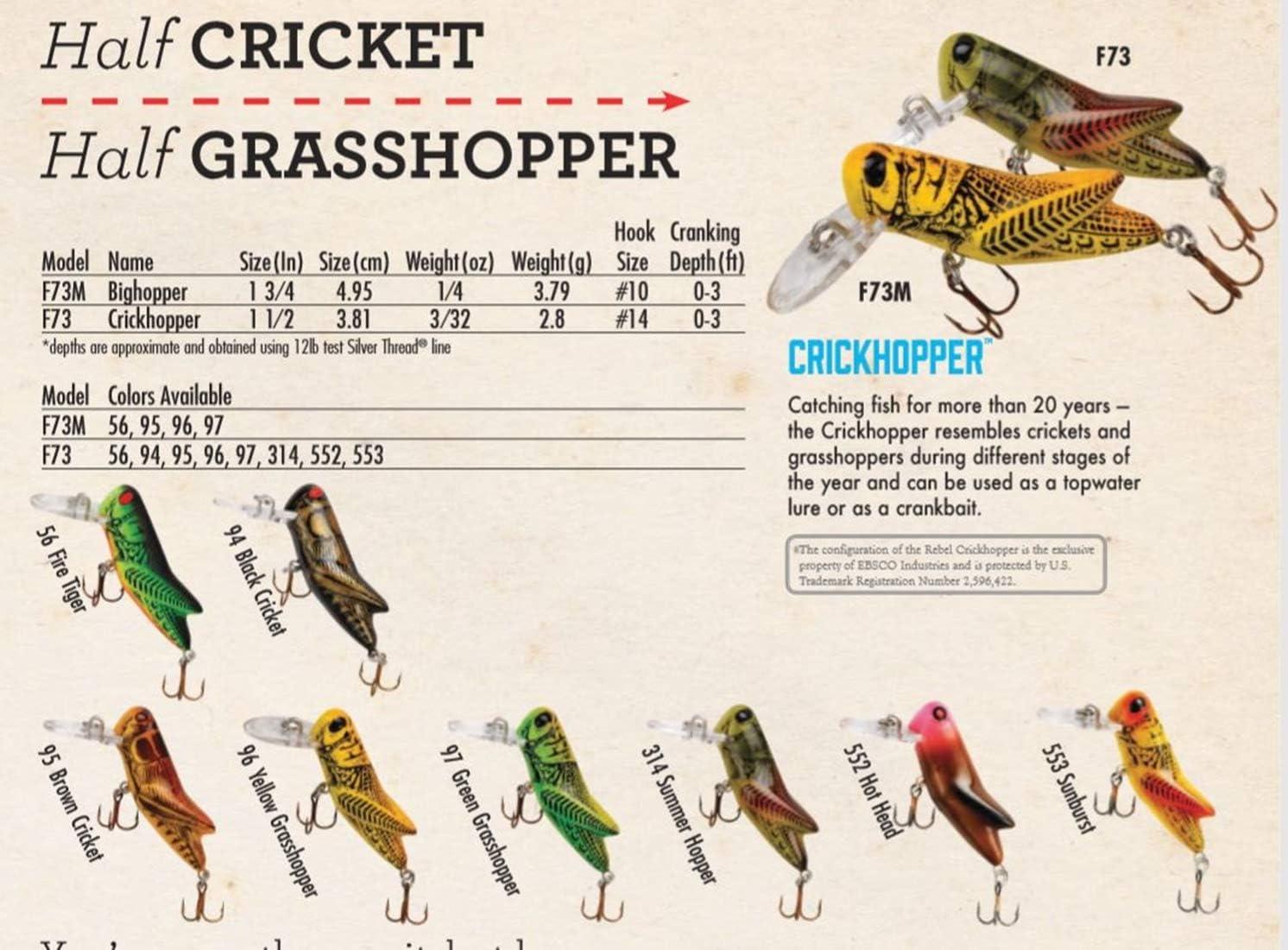 Rebel Lures Crickhopper Cricket/Grasshopper Crankbait Fishing Lure, 1 1/2  Inch, 1/4 Ounce Crickhopper (3/32 oz) Fire Tiger