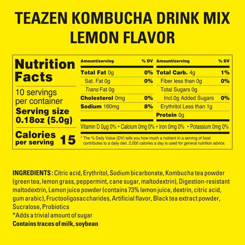 Teazen Kombucha Tea Zero Sugar Sparkling Powdered Mix with Live Probiotics & Prebiotics 10