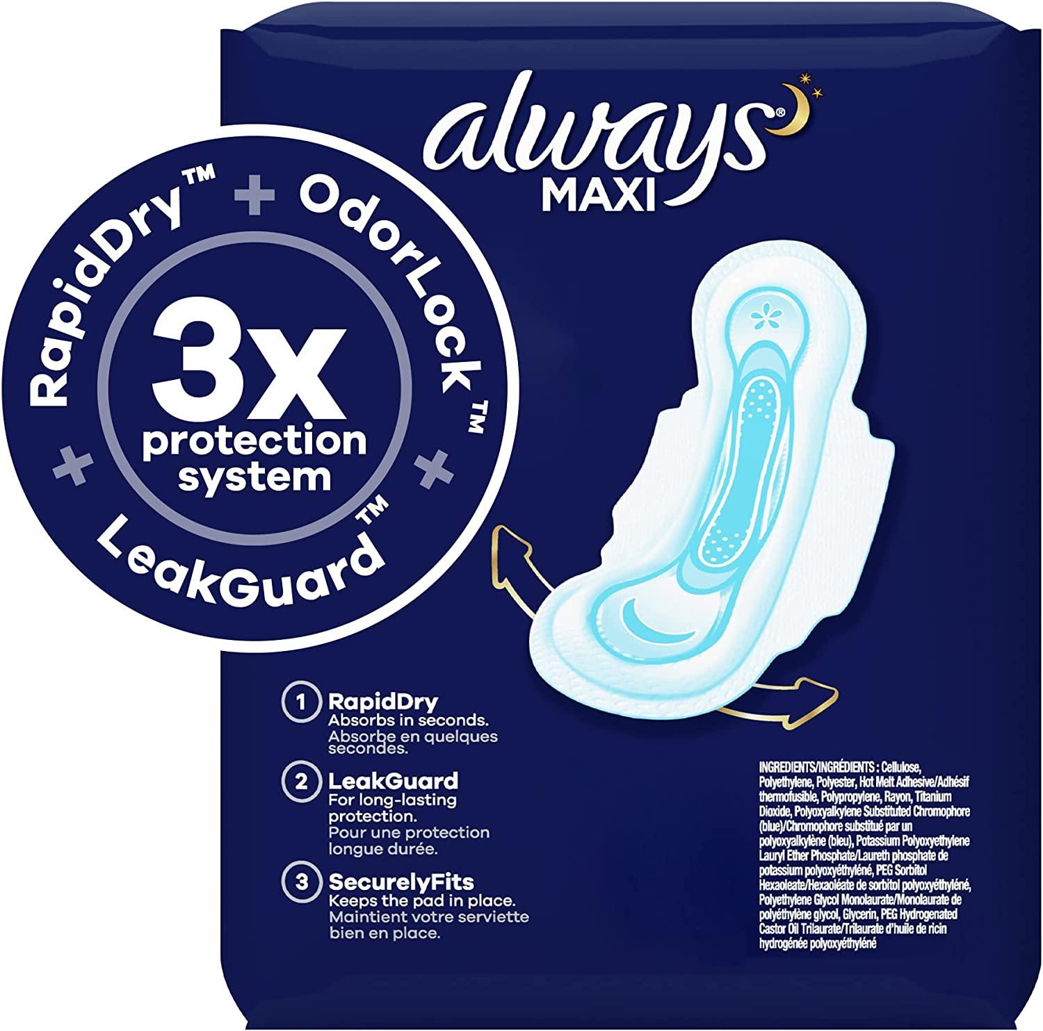 Always Maxi Feminine Pads For Women, Size 4 Overnight Absorbency, With  Wings, Unscented, 33 Count 33 Count (Pack of 1) 33 count