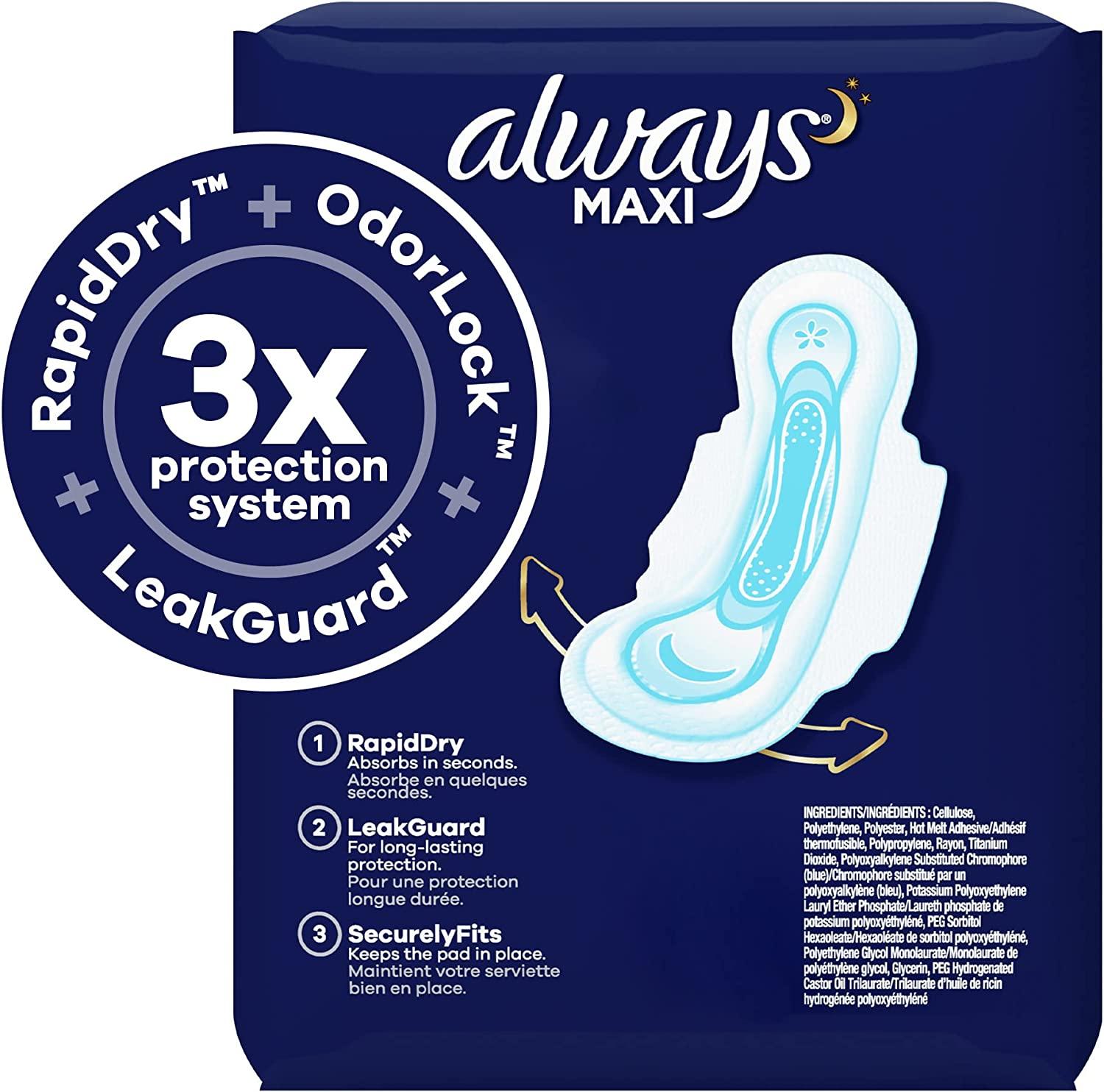 Always Maxi Feminine Pads Size 5 Extra Heavy Overnight Absorbency 108 ...