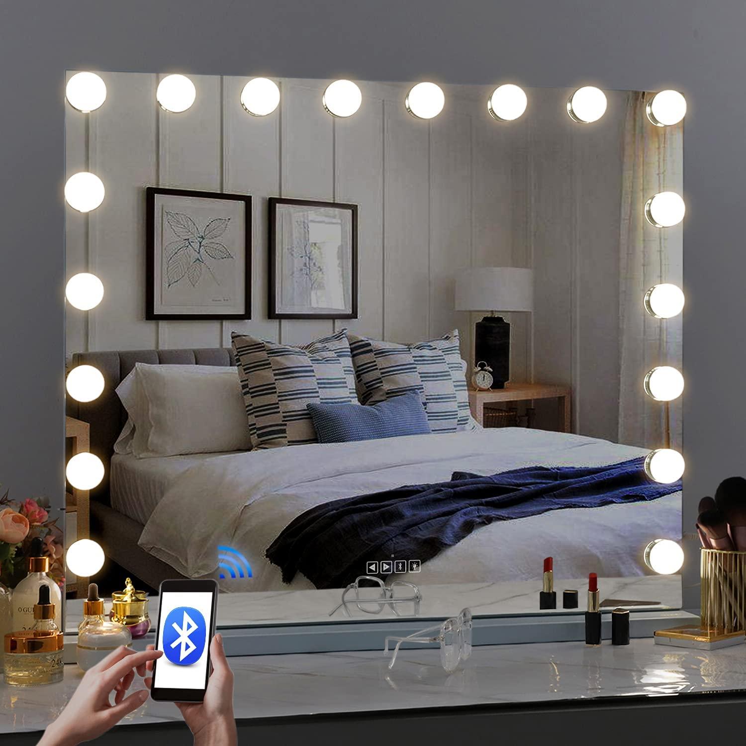  Fenair Vanity Mirror with Lights and Bluetooth Hollywood  Speaker Support Answer Call, Touch Screen, 3 Color Modes Tabletop 15  Dimmable Bulbs