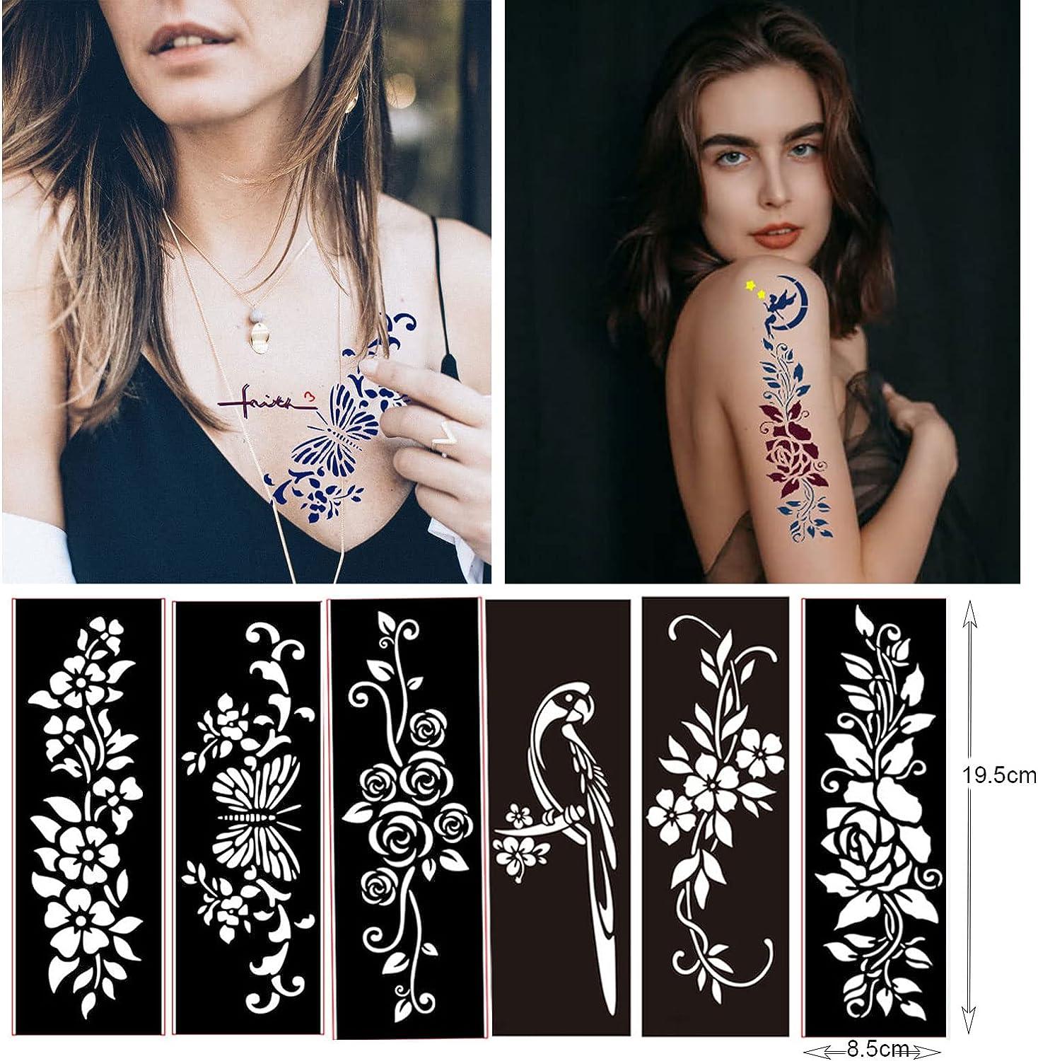 Large Henna Tattoo Stencils Kit for Women - Flowers & Words Temporary ...