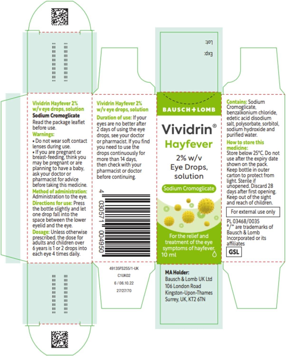Vividrin Hayfever Eye Drops 10ml Contains Sodium Cromoglicate for