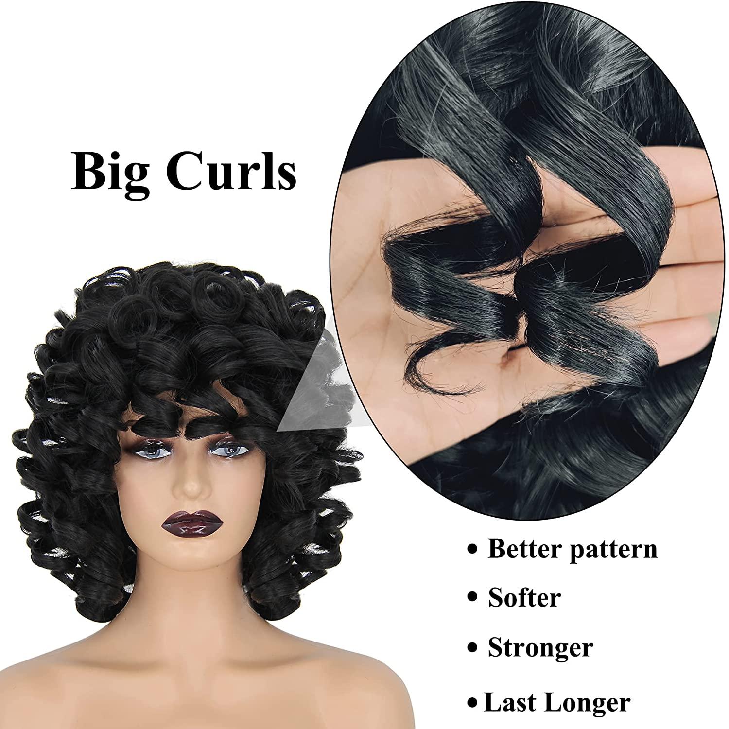 FOVER Short Curly Wigs for Black Women 14'' Black Big Curly Wig with Bangs  Afro Kinky Soft Curls Hair Replacement Wig Heat Resistant Natural Looking  Synthetic Wig (Big Curly) FE013BK 14 Inch