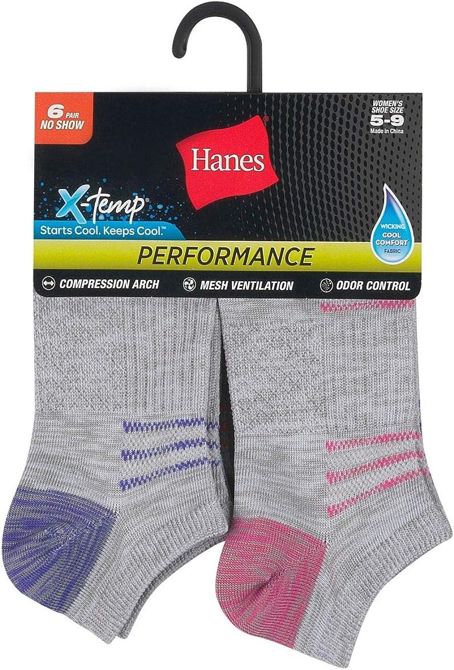 Hanes womens Performance Cool Compression No Show Socks 6 Pair Pack 8  Grey/Purple/Pink Design