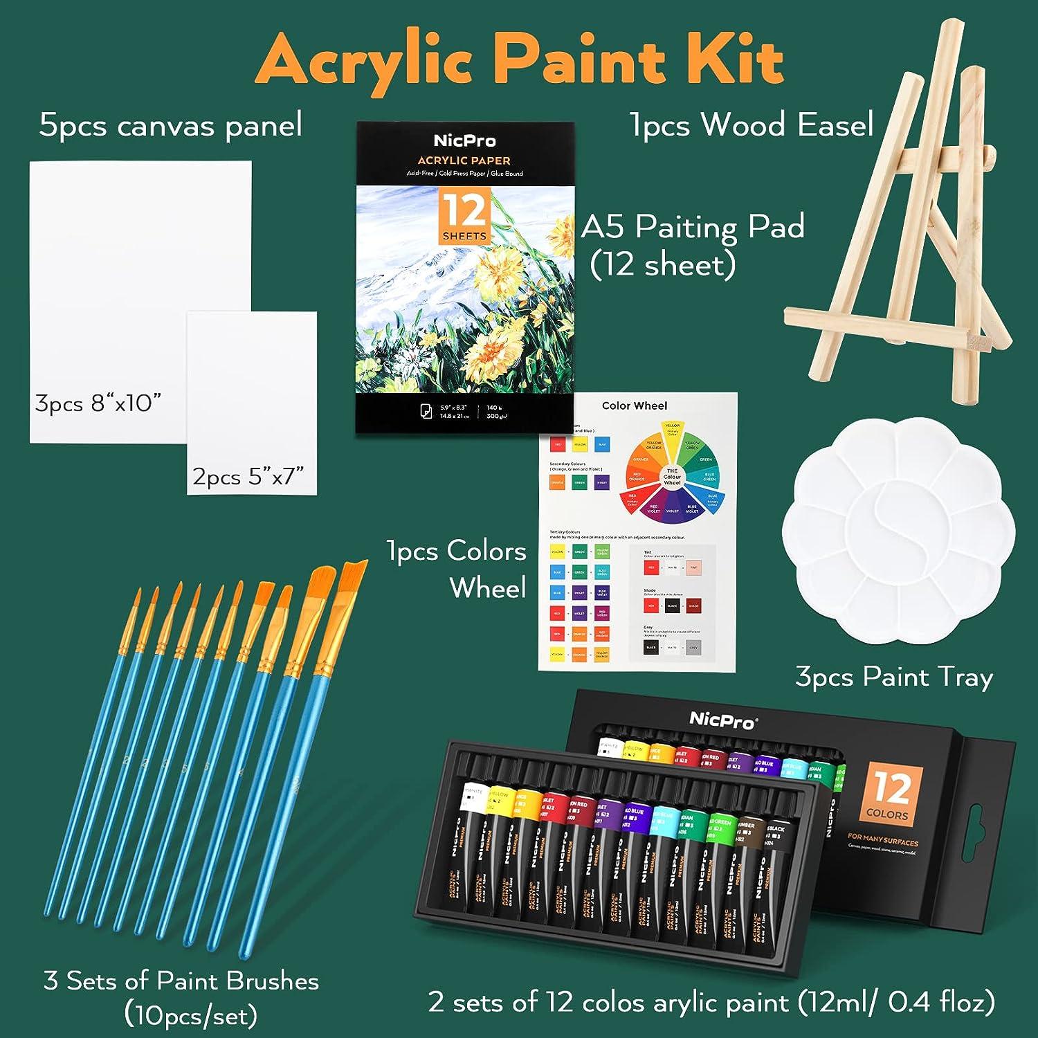 Nicpro Acrylic Paint Set Kid & Adult Art Painting Party Kit 2 Set of  Acrylic Paint (12 Colors) 30pcs Paint Brushes 5 Canvas Panel Wood Easel 3  Tray A5 Paper Pad Color
