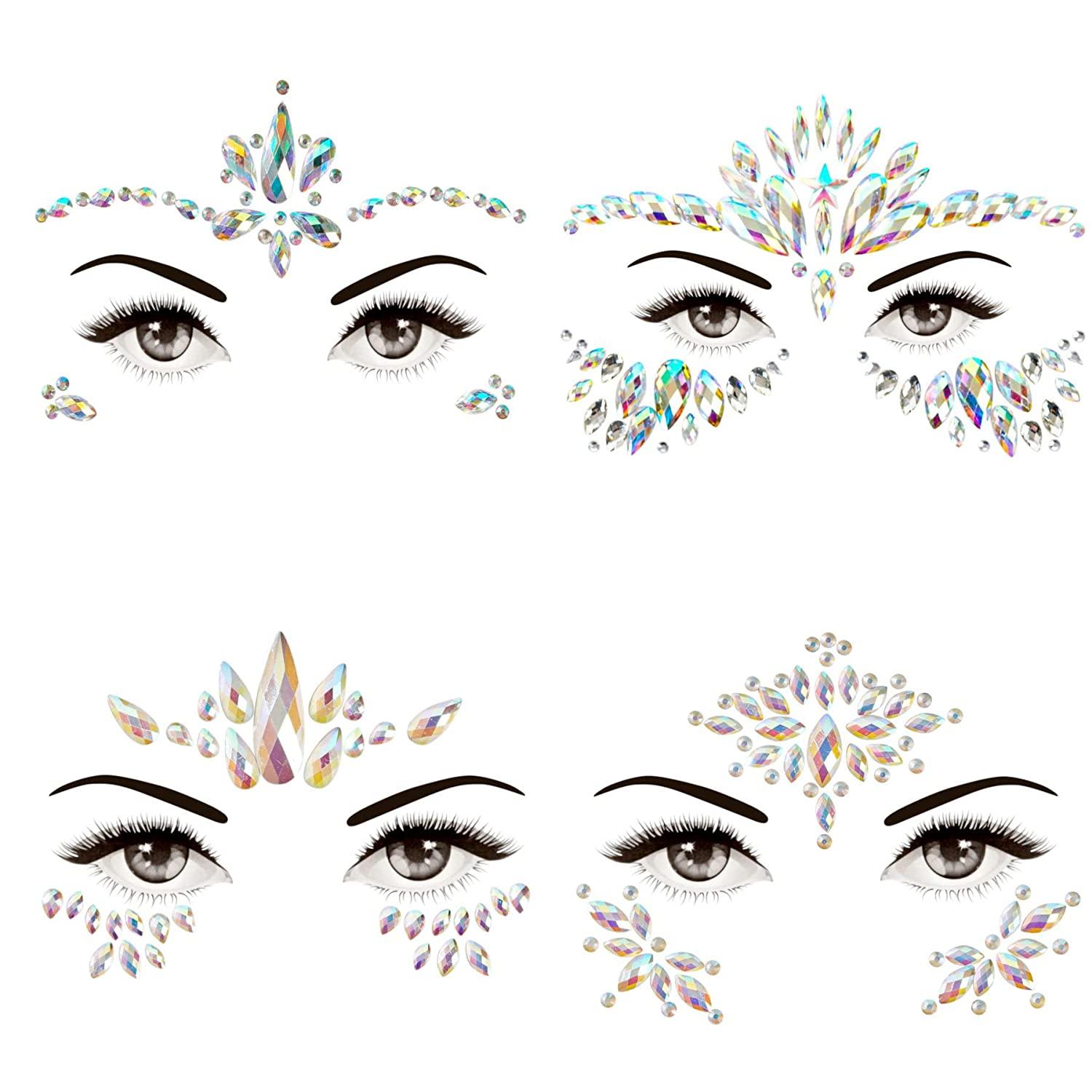 4 Sheets Euphoria Face Jewels Gems+10g Chunky Glitter, SelfAdhesive