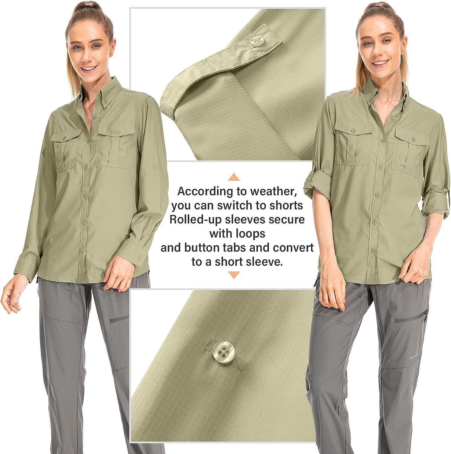 Women's Quick Dry Sun UV Protection Convertible Long Sleeve Safari Shirts  for Hiking Camping Fishing Sailing X-Large Khaki