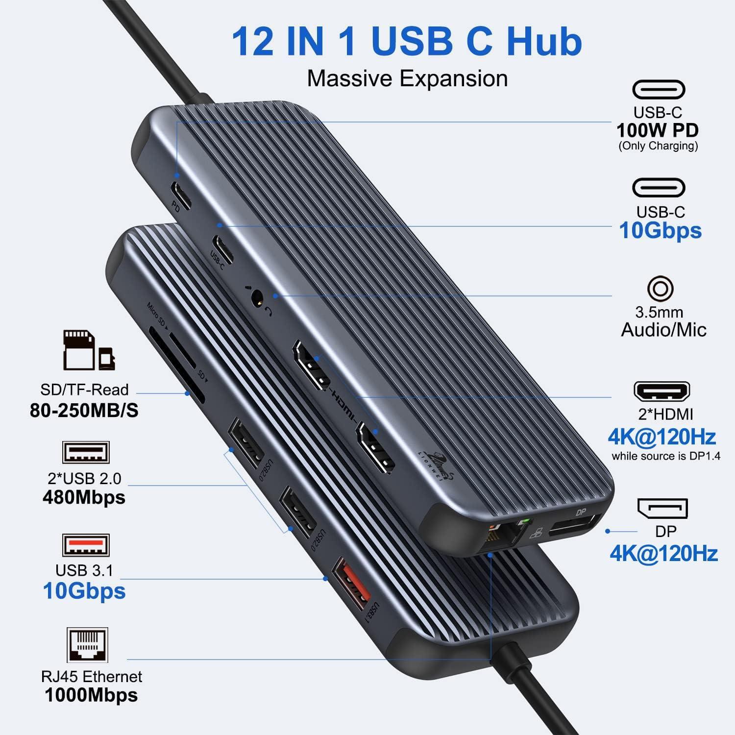LIONWEI USB C Docking Station Dual Monitor, 9-in-1 Triple Display USB C Hub  Multiport Adapter for Dell/HP/Lenovo/Surface Pro Laptop, USB C to 2 HDMI