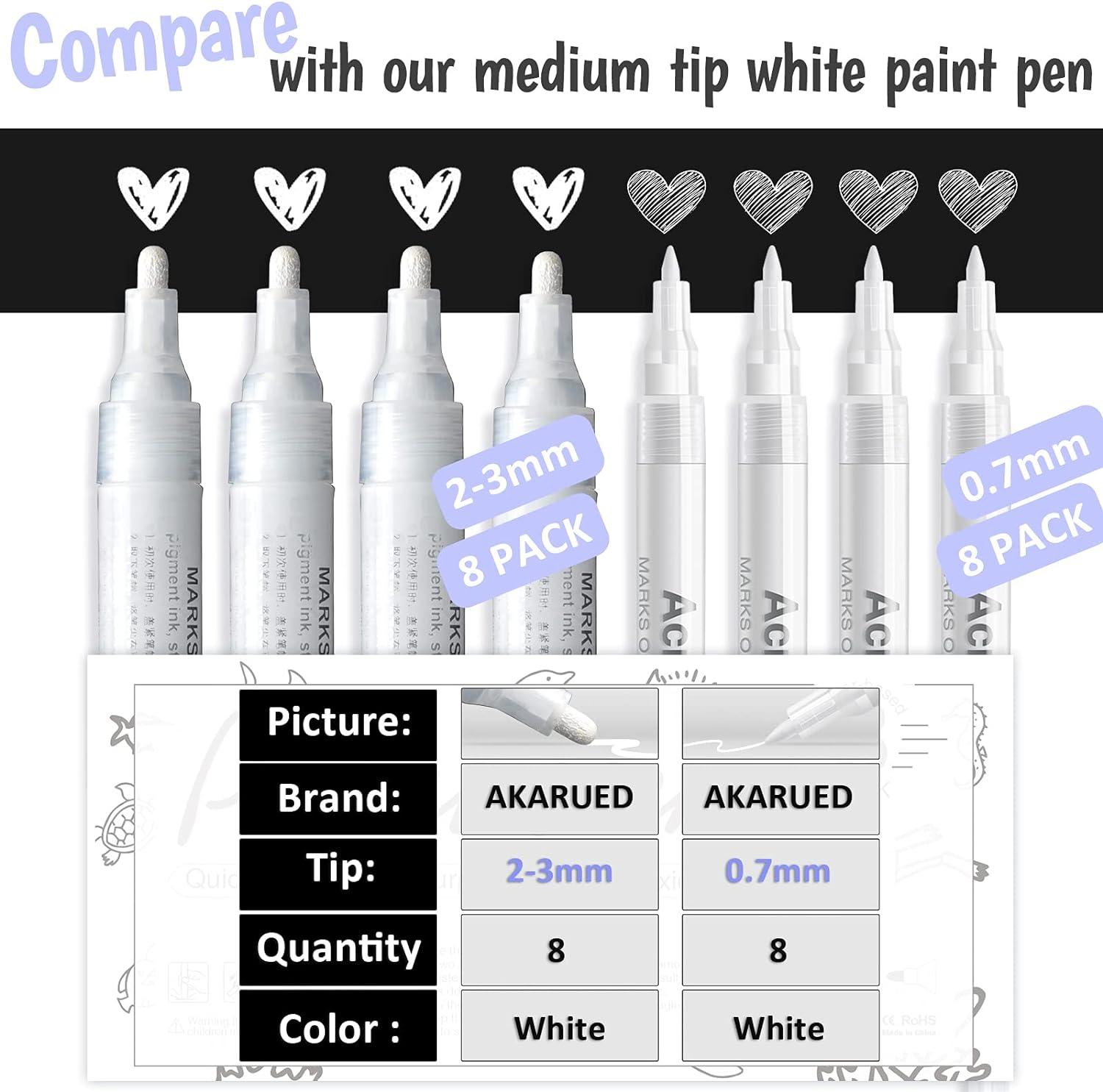 AKARUED Acrylic White Paint Pen Fine Tip: 8 Pack 0.7mm Black White Paint  Marker Pens for Wood, Water-Based White Markers for Black Paper Metal Stone