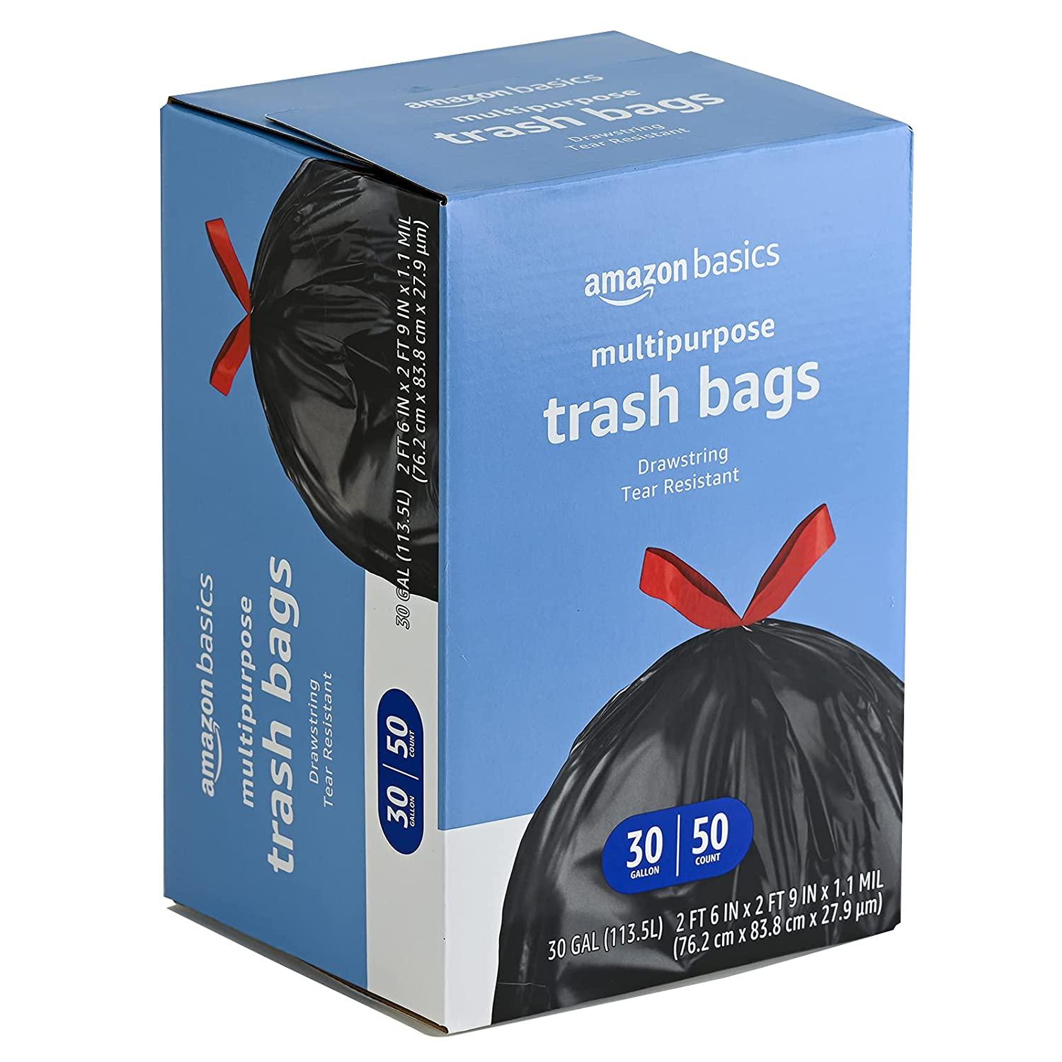 Amazon Basics Multipurpose Drawstring Trash Bags, 30 Gallon, 50 Count