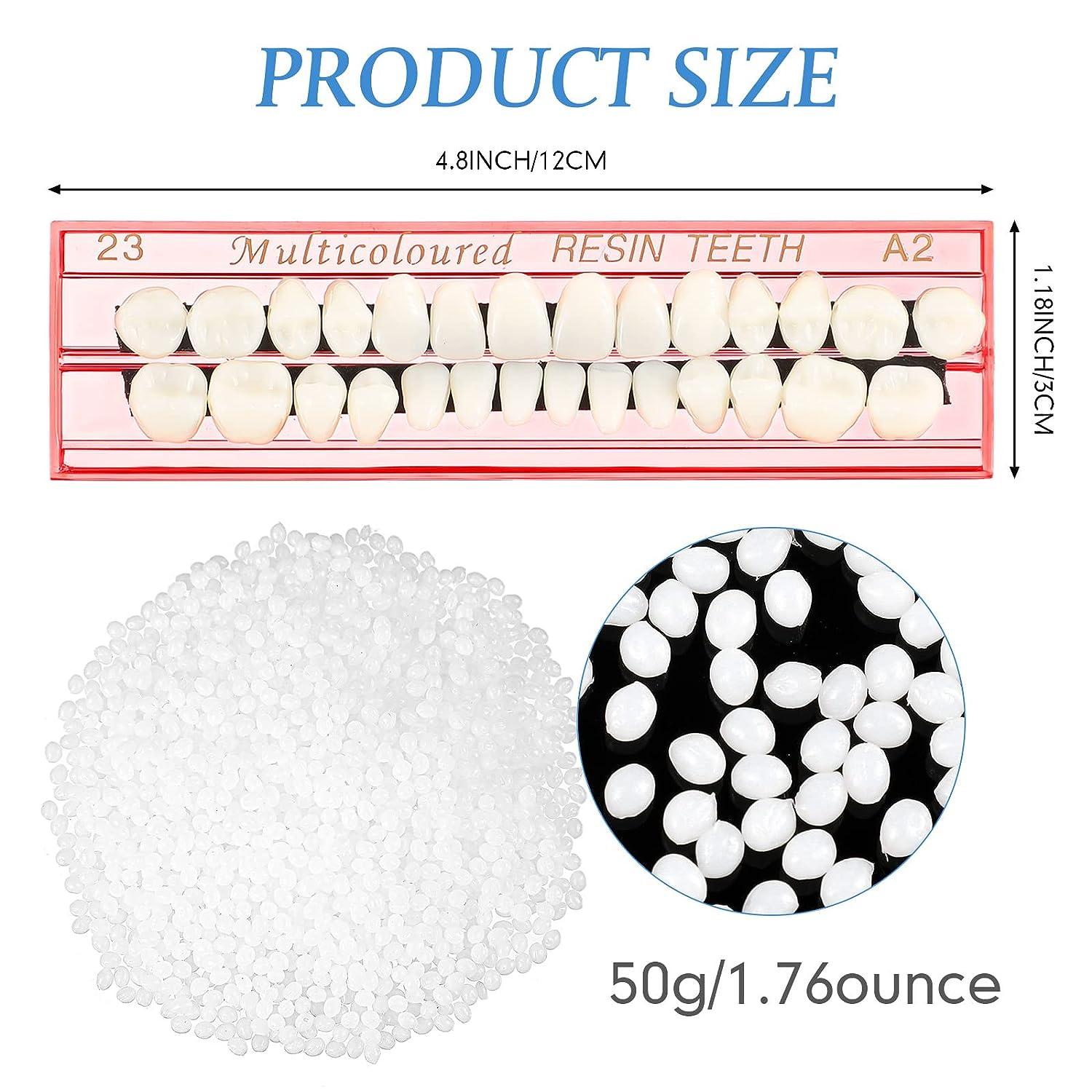 56 Pieces Synthetic Dental Acrylic Resin Teeth 50g Solid Temp Tooth Beads  23 Shade A2 Upper + Lower Denture for Halloween Makeup DIY & Replacement  for Filling Fix The Missing Broken Tooth