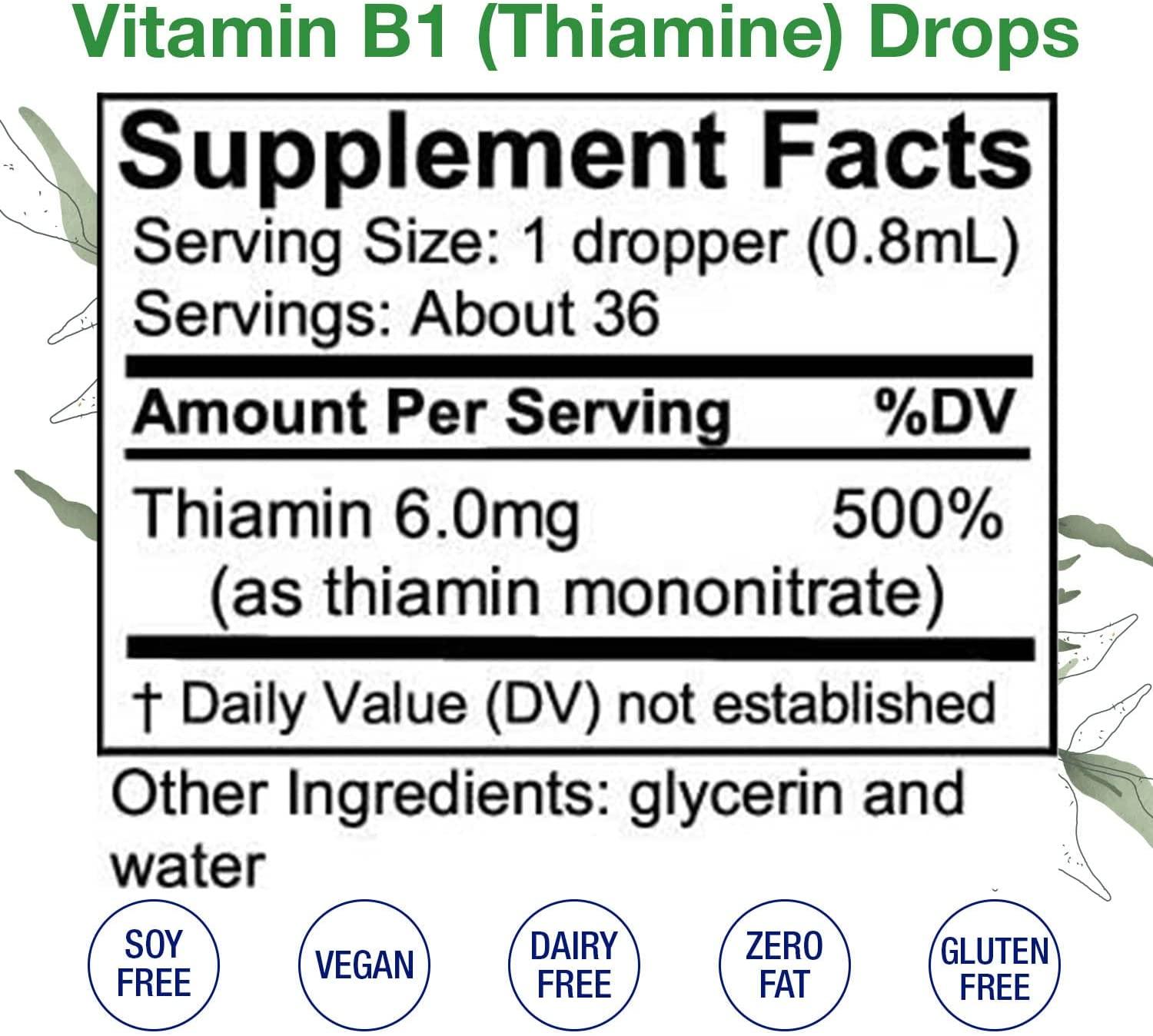 High Potency Vitamin B1 (Thiamine) Drops Vegan AlcoholFree Liquid