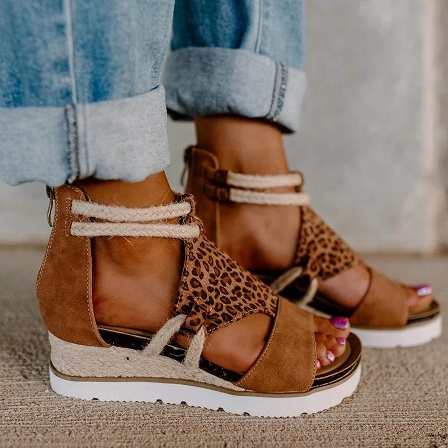Wedge Sandals for Women Comfy Platform Summer Shoes Open Toe Ankle Strap  Wedge Sandals Classic Beach Sandals Z04-brown 6