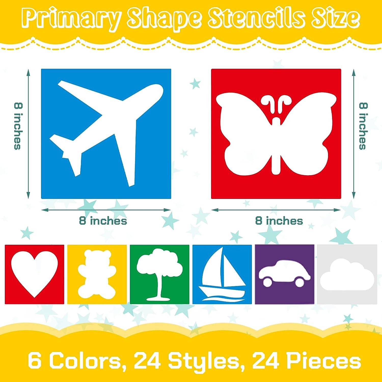 24 Piece Primary Style Kids Stencils Set Large Washable Geometric and