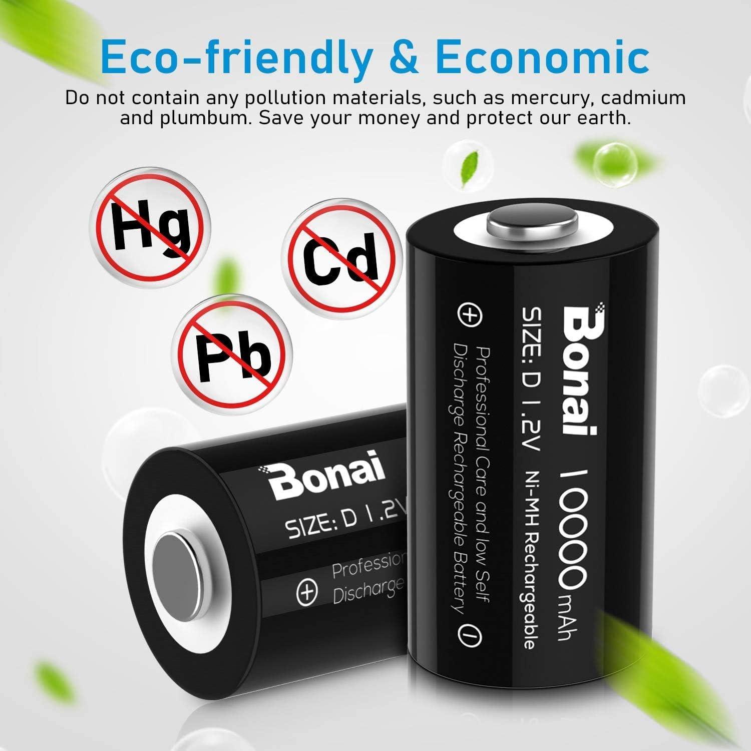 BONAI D Rechargeable Batteries 10,000mAh 1.2V Ni-MH High Capacity High Rate  D Size Battery Rechargeable d Cell Batteries high Capacity(8 Pack) 8 D  Batteries