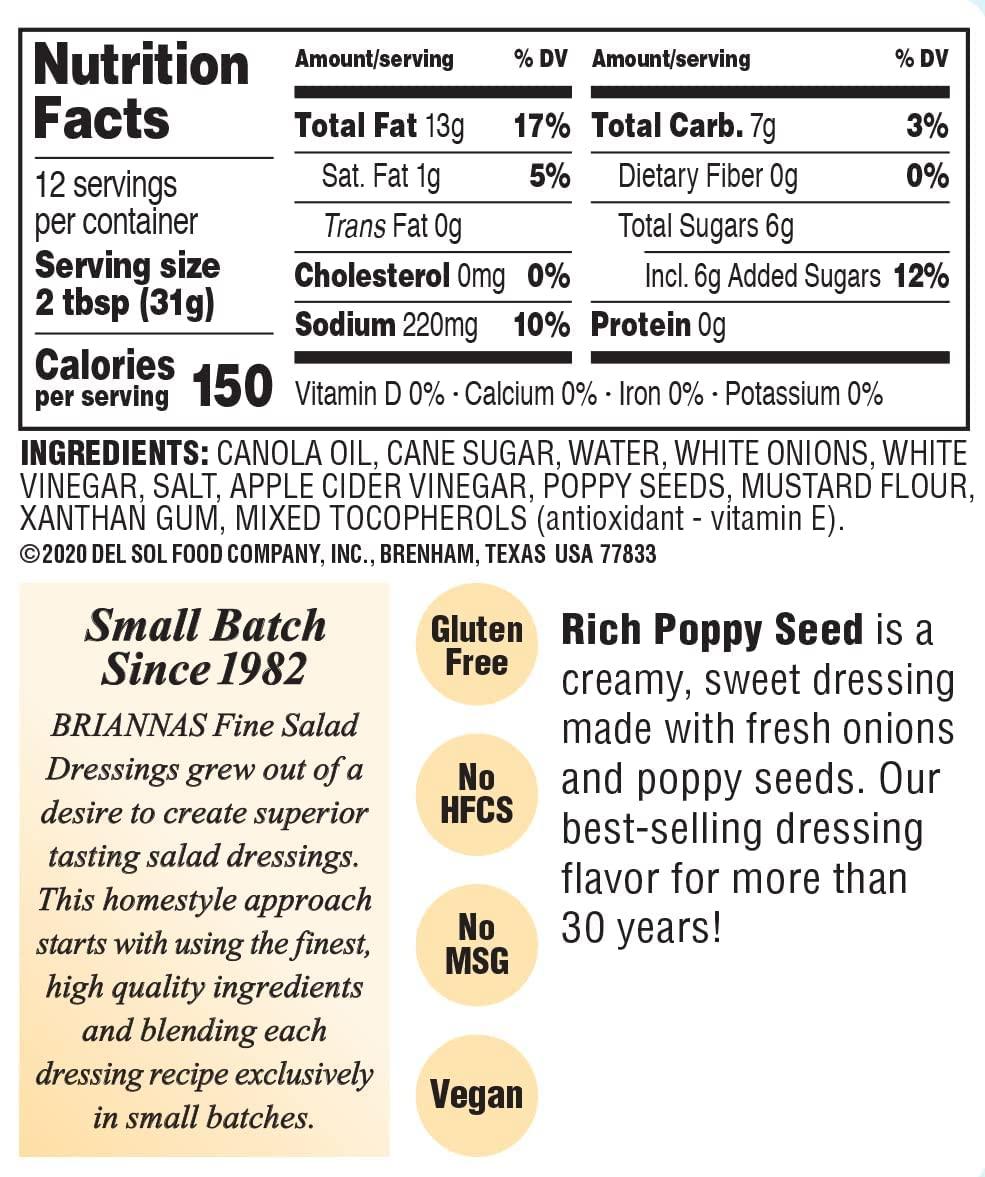 BRIANNAS Home Style Rich Poppy Seed Salad Dressing Gluten Free, Vegan