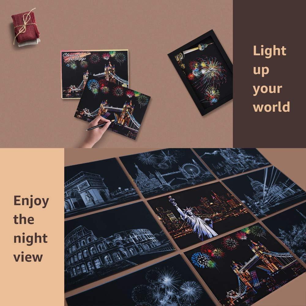 Scratch Art for Adults Kids, Rainbow Painting Night View Scratchboard(A4),  Crafts Set: 8 Sheets Scratch Cards with 6 tools in Bag - Fireworks, Big