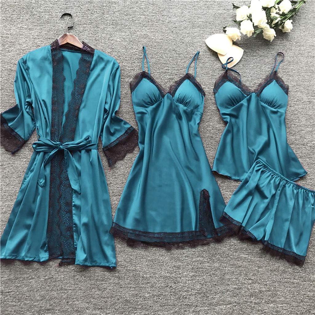 4PCS Women's Lingerie Pajamas Set Sexy Satin Silk Lace Sleepwear Nightgown  Robe