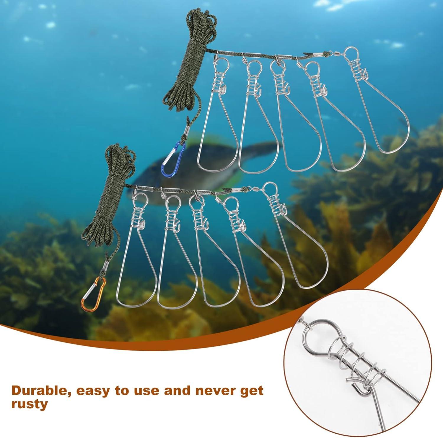 Qiilu Stainless Steel Heavy Duty Fishing Catch Stringer With 5 Lock Snaps Nylon Ropes Float,fishing Stringer,fishing Rope