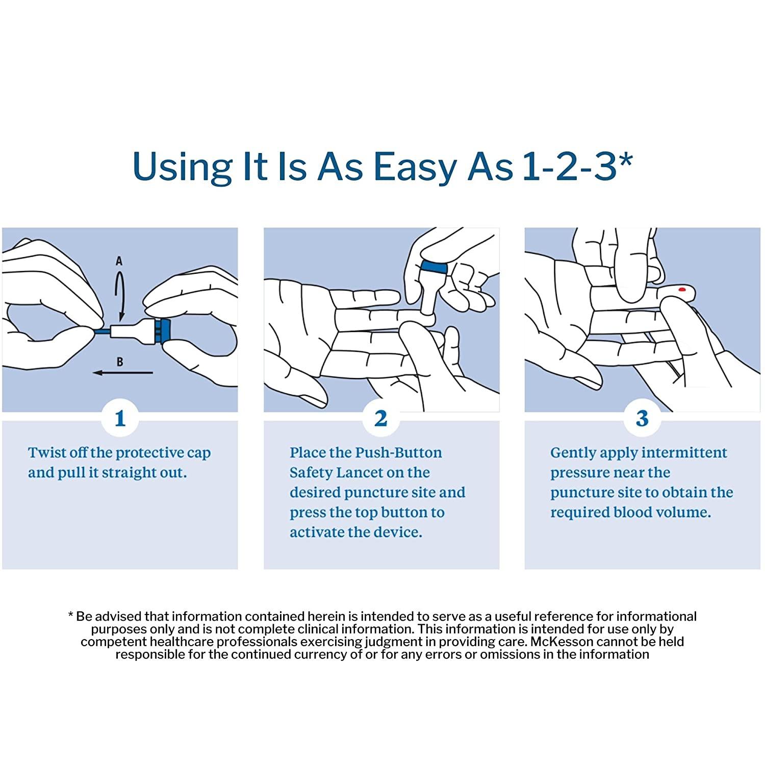 McKesson Safety Lancets 28G Sterile PushButton Needle 1.5mm 100 Count