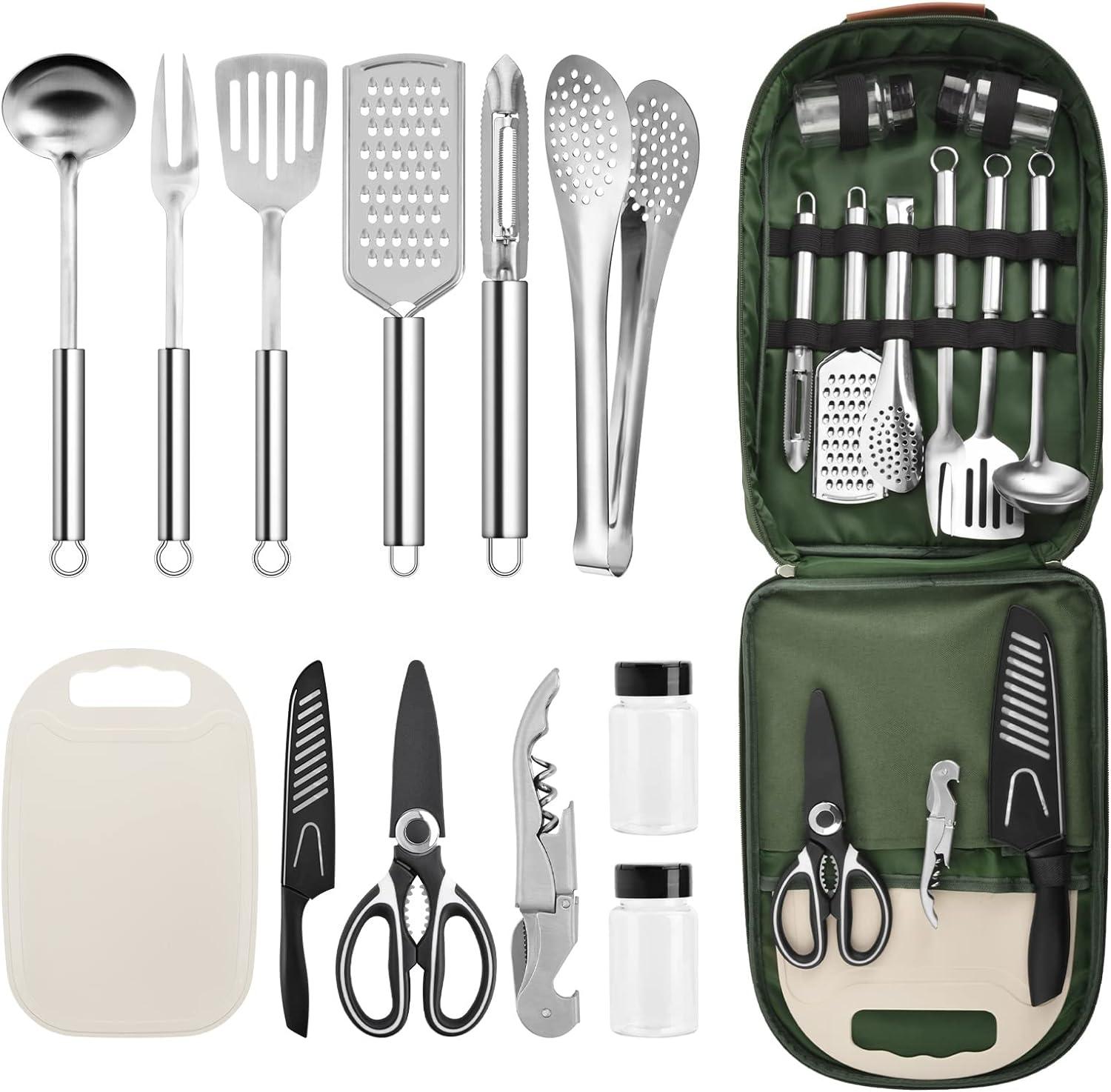Portable Camping Kitchen Utensil Set-27 Piece Cookware Kit, Stainless Steel  Outdoor Cooking and Grilling Utensil Organizer Travel Set Perfect for Travel,  Picnics, RVs, Camping, BBQs, Parties and More 