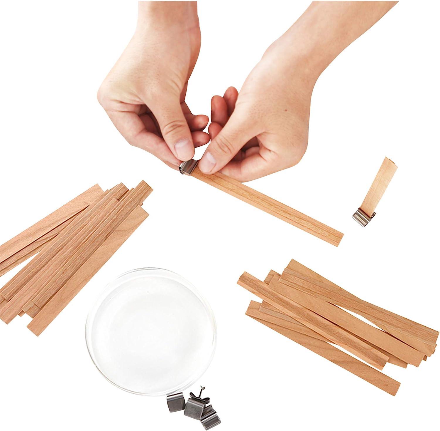 Wood Wicks for Candles Making - NOOR 50 Pieces Smokeless Wooden Wicks with  Booster. Crackling Wood Wick with Metal Clips for Candle Making and DIY