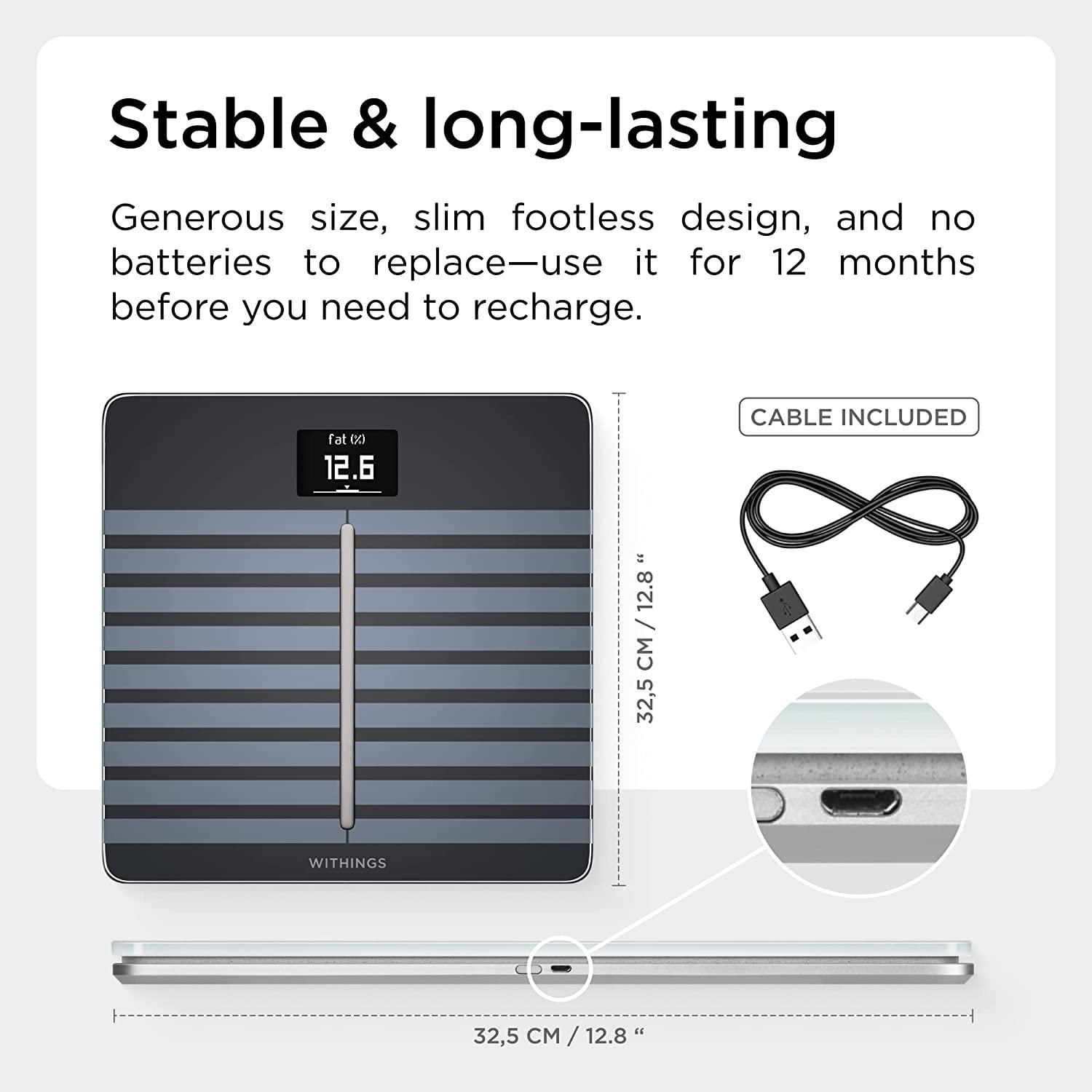 Withings Body Cardio Premium Wi-Fi Body Composition Smart Scale Tracks  Heart Health Vascular Age BMI Fat Muscle Bone Mass Water Digital Bathroom  Scale with App Sync via Bluetooth or Wi-Fi Body Black