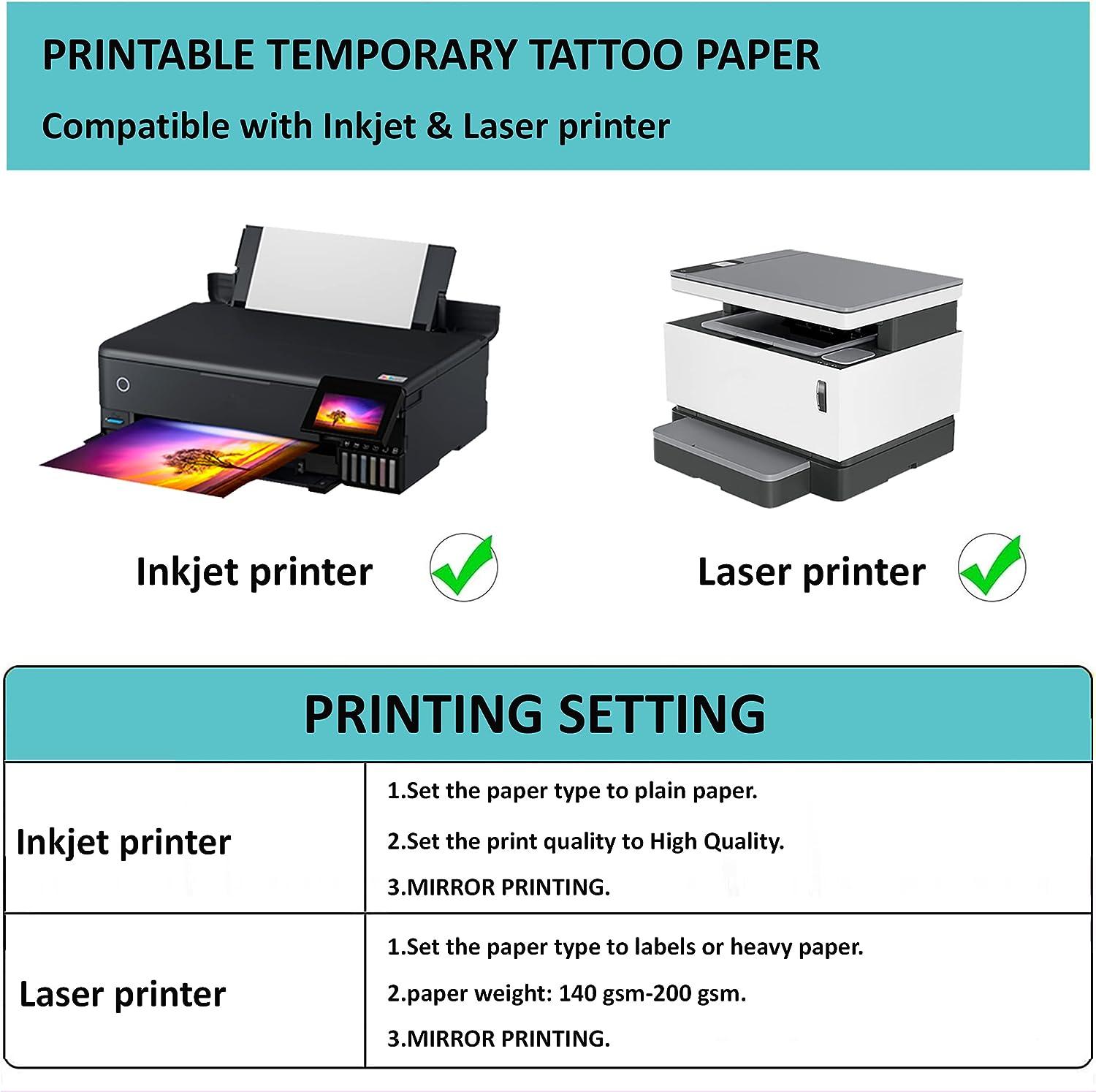 Styled Basics Printable Temporary Tattoo Transfer Paper, 3 White Sheets,  8.5 x 11 Each, For Use With InkJet Printer 