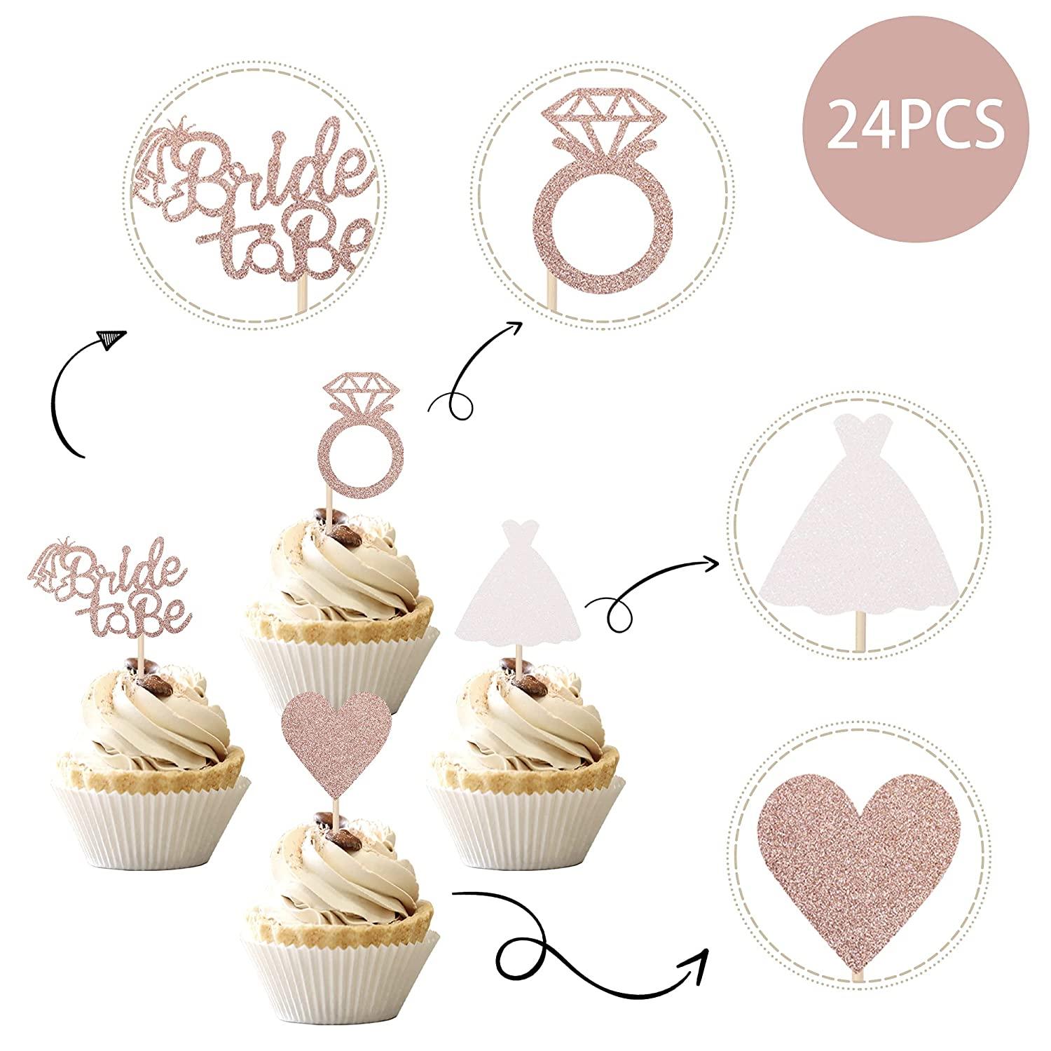 24 PCS Bride to Be Cupcake Toppers with Heart Ring Dress Bridal ...