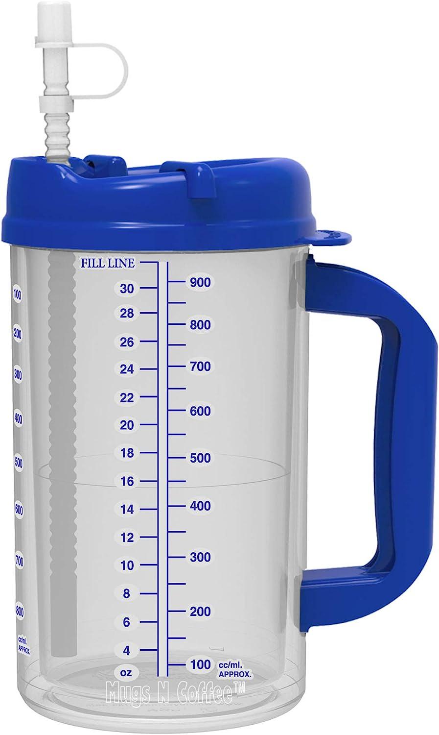 32 oz Double Wall Insulated Hospital Mug - Cold Drink Mug - Large Carry  Handle - Includes Straw (2, Blue)
