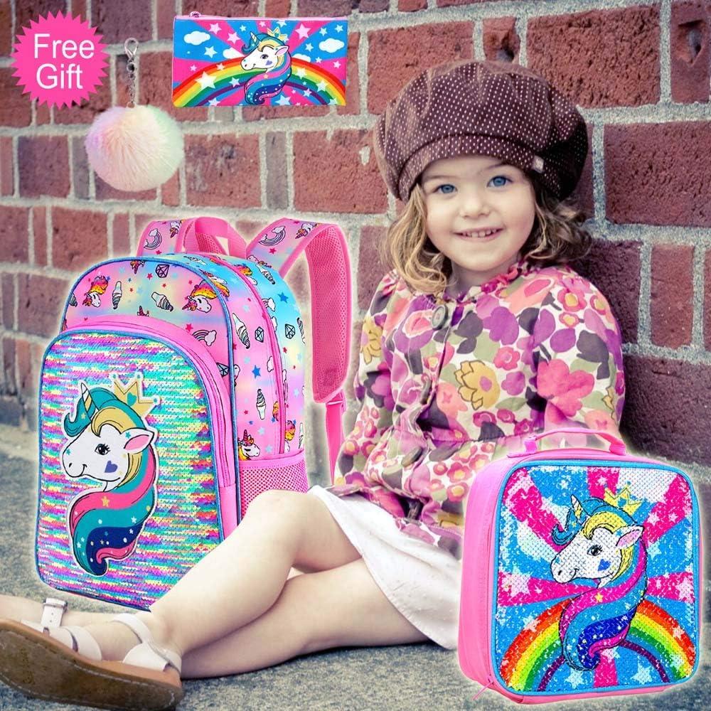 3PCS Unicorn Backpack for Girls, 16 Little Kids Sequin Preschool