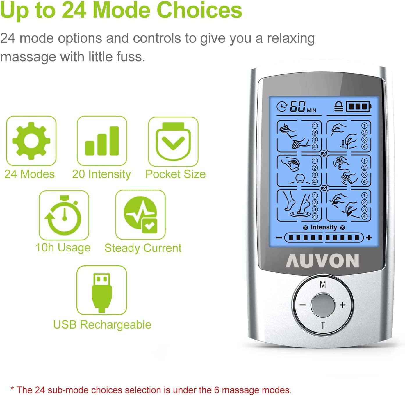 AUVON 24 Modes Rechargeable TENS Unit, 4th Gen Muscle Stimulator with 10pcs TENS  Machine Electrodes for Pain Relief Therapy & Management